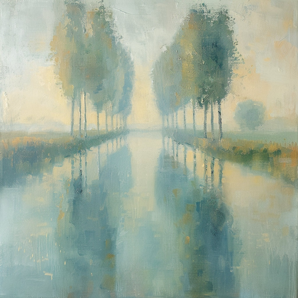 Poplars by the River at Dawn Impressionist Landscape Oil Painting #FT331