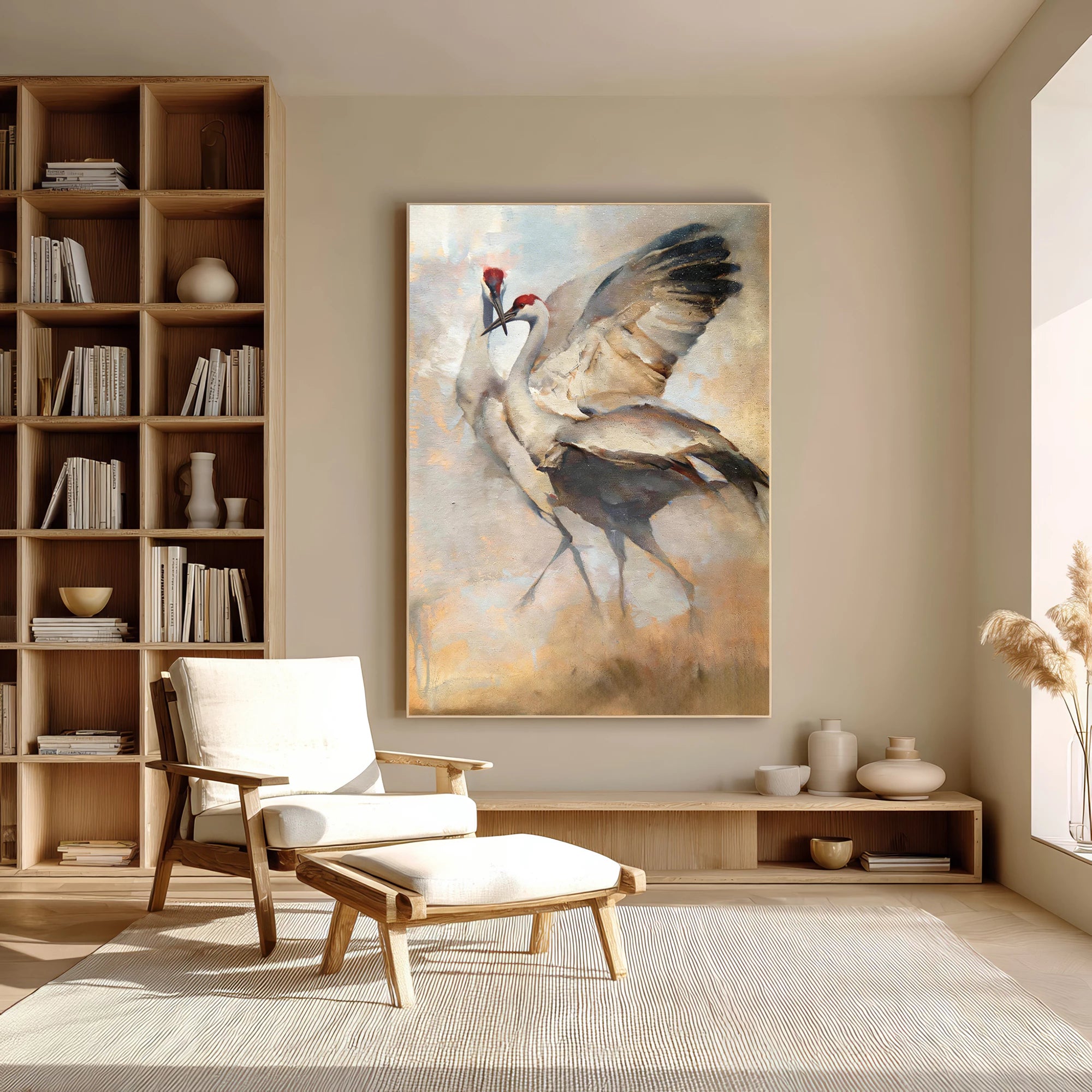Two Cranes Oil Painting in Warm Earthy Tones #AM131