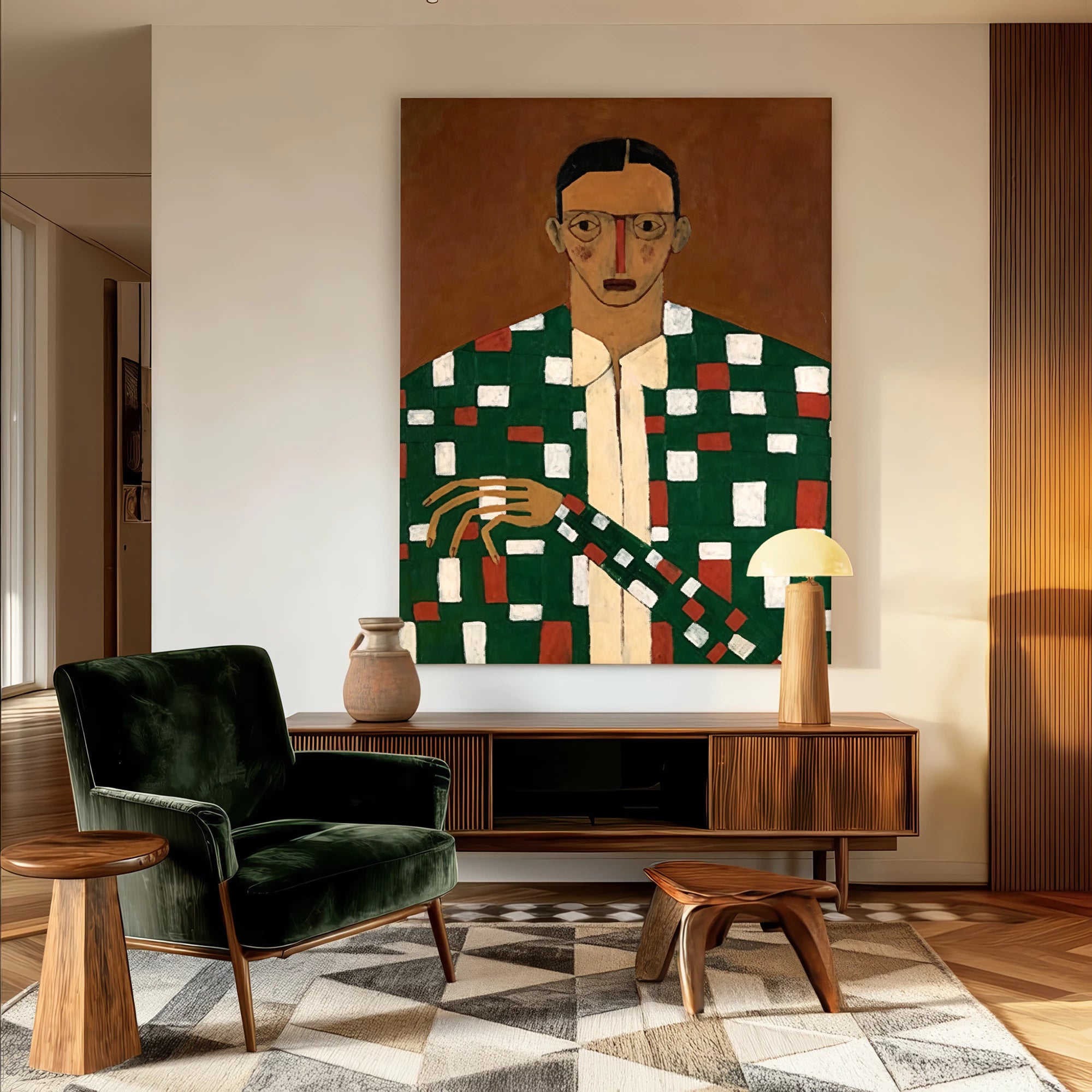 Retro Expressionist Plaid Figurative Oil Painting #AB287