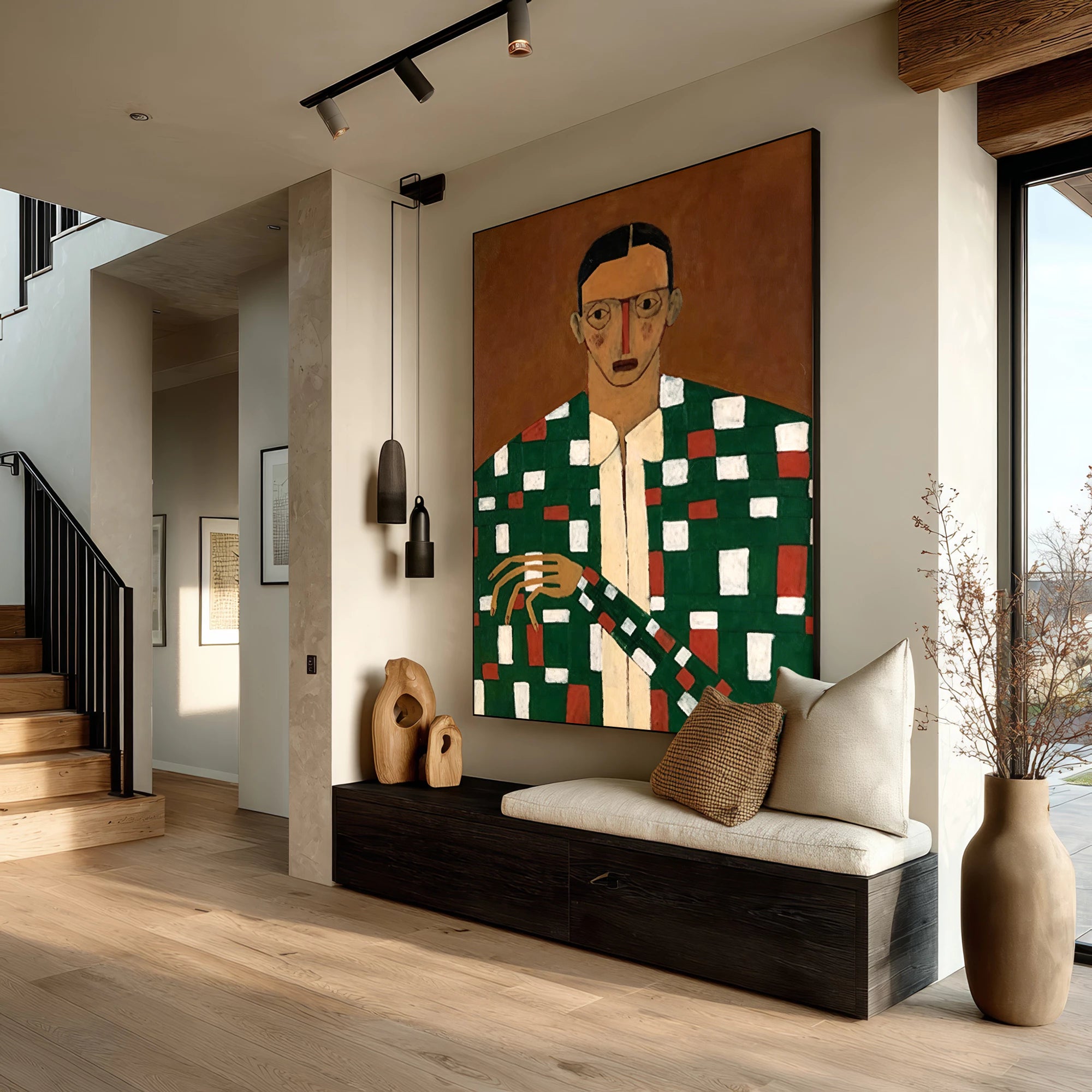Retro Expressionist Plaid Figurative Oil Painting #AB287
