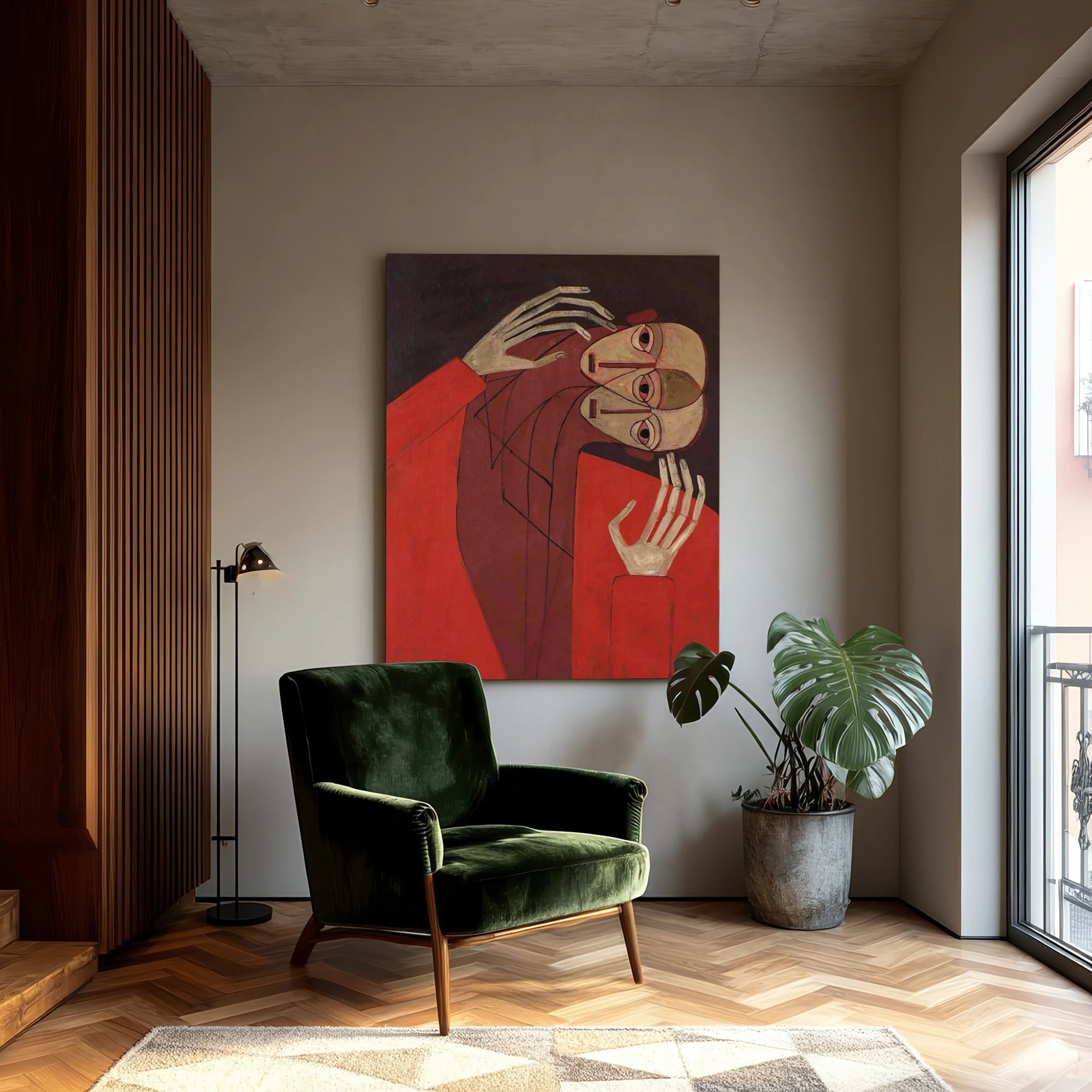Hand-Painted Red Cubist Abstract Figure Oil Painting #AB163