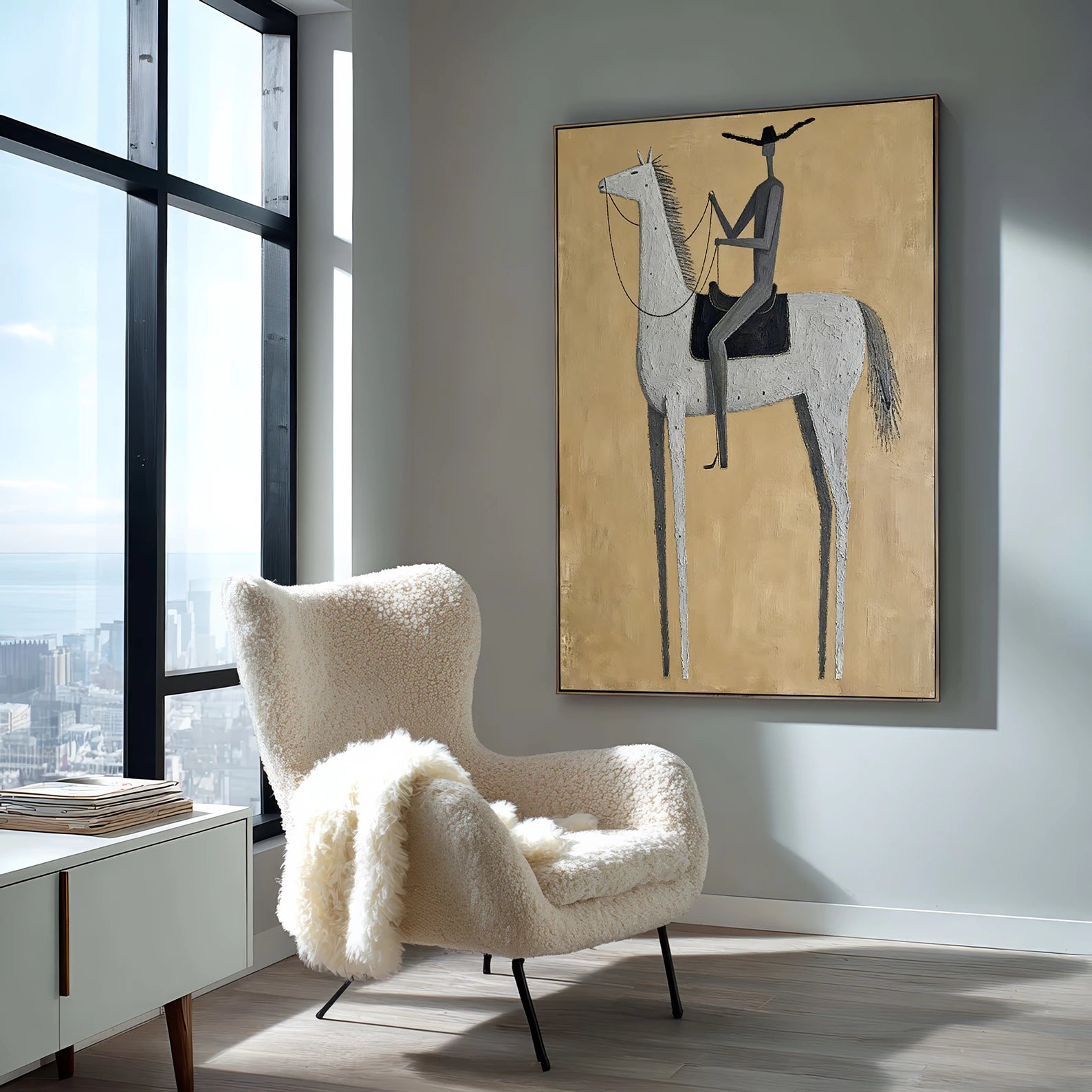 Minimalist Grey Horse Rider Wall Art #AB559
