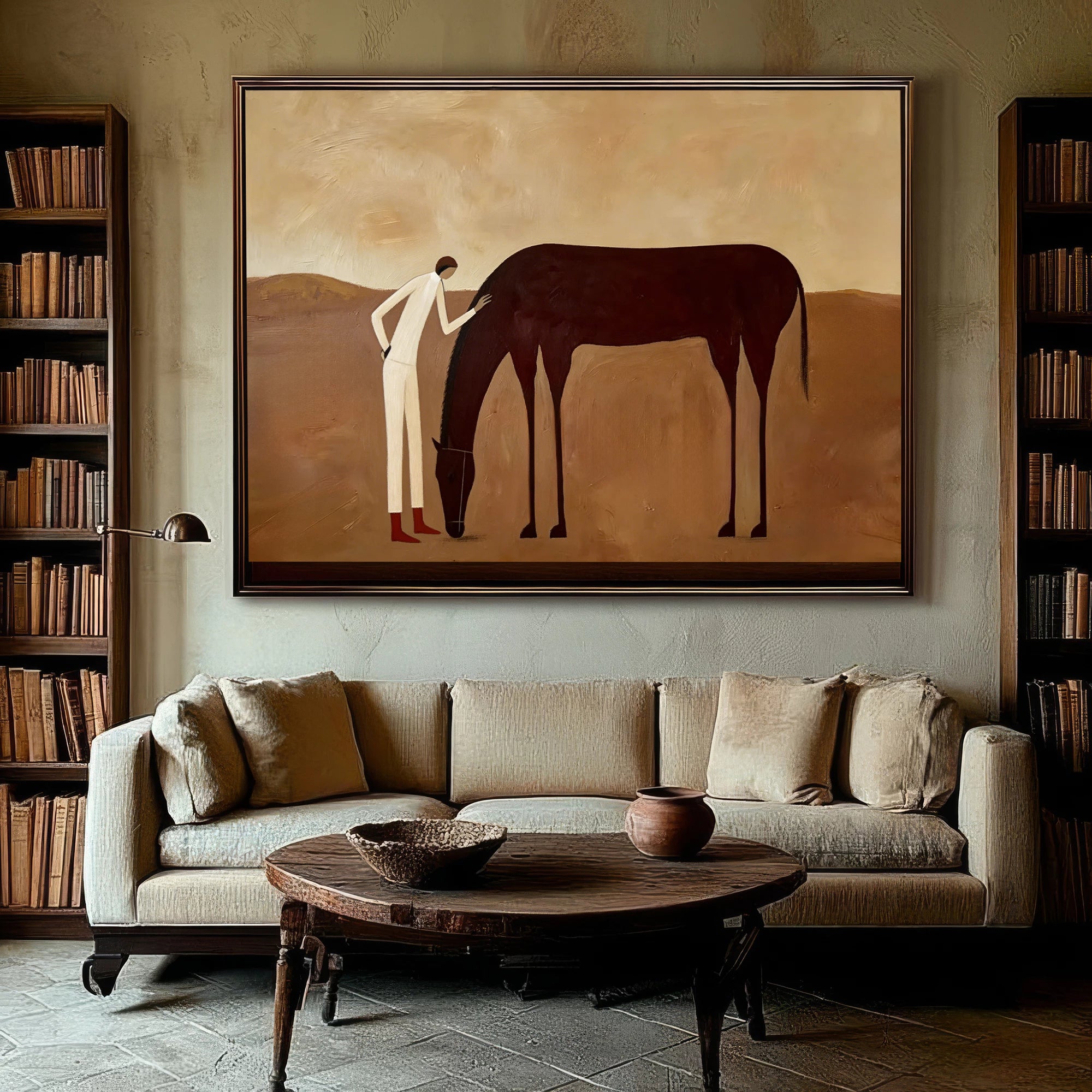 Contemporary Neutral Tone Horse & Rider Oil Painting #AB625