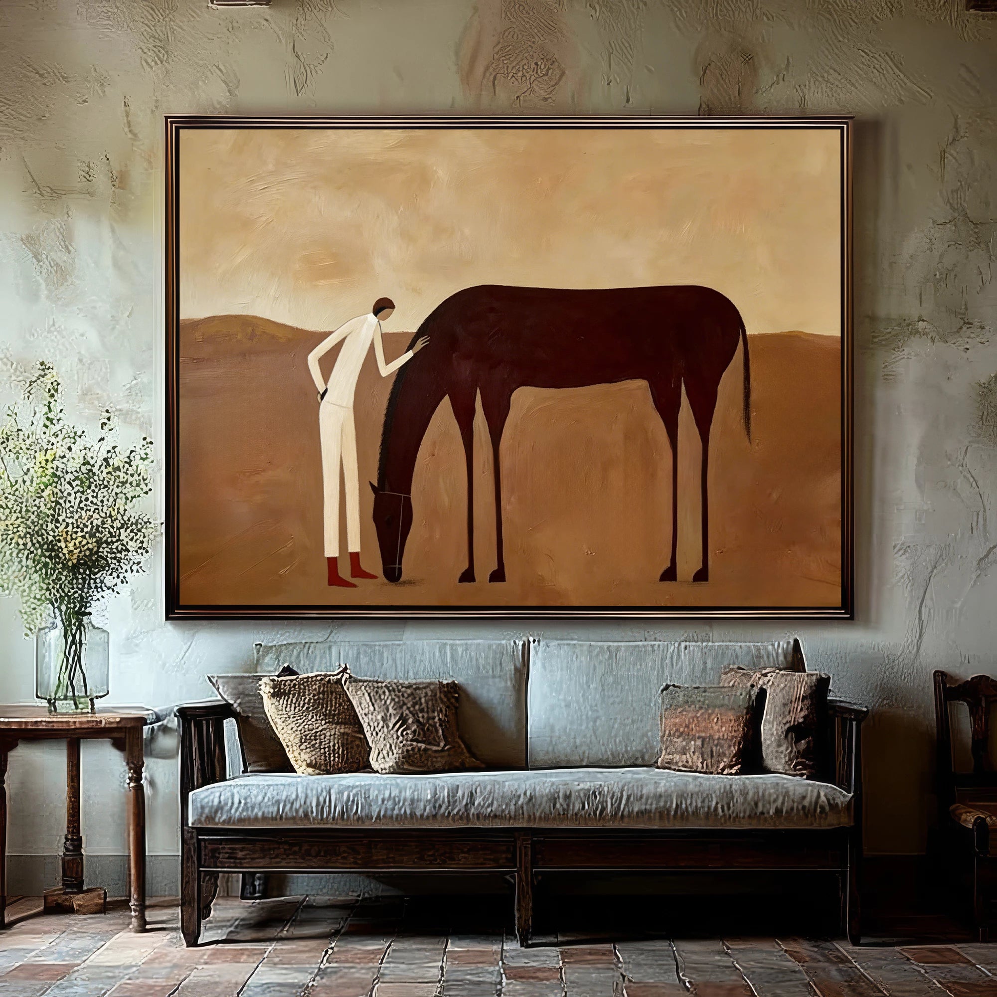 Contemporary Neutral Tone Horse & Rider Oil Painting #AB625