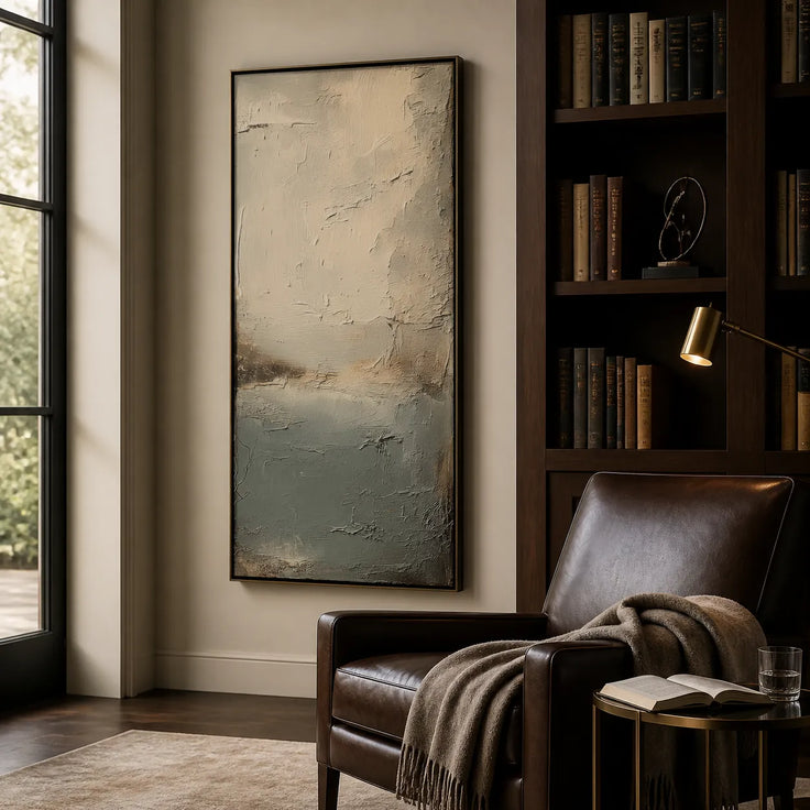 Muted Gray-Blue Textured Wall Art, Wabi Sabi Abstract Landscape Painting for Living Room #UIDCT1RR