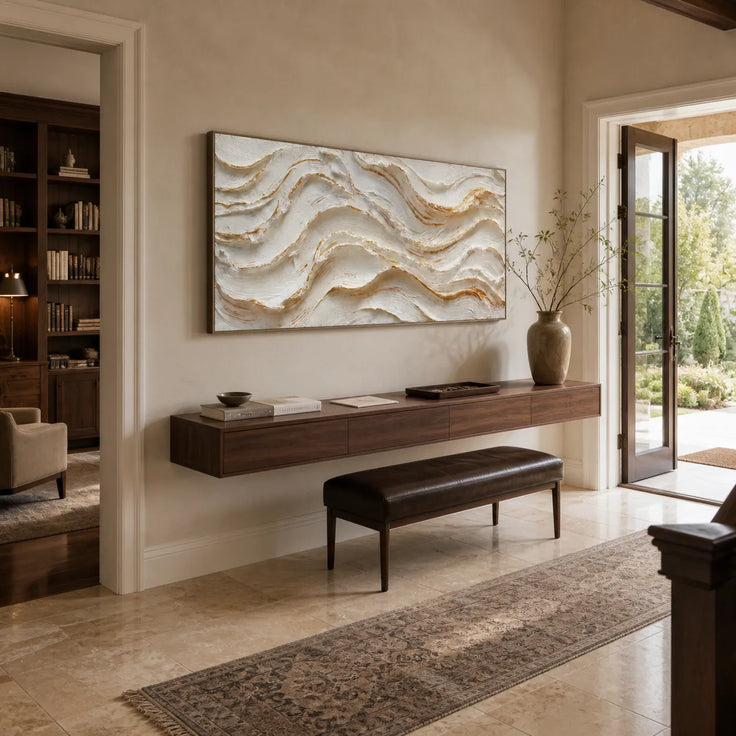 Sculptural Cream Wall Art – Organic Wave Impasto Painting with Amber Veins, Extra-Wide Horizontal Canvas for Living Room & Entryway #VKQLU69U