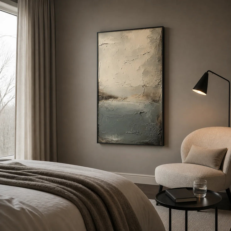 Muted Gray-Blue Textured Wall Art, Wabi Sabi Abstract Landscape Painting for Living Room #UIDCT1RR