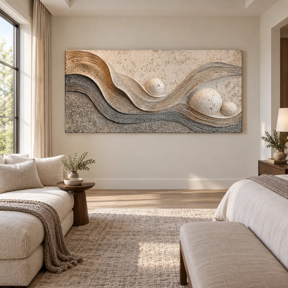 Warm Neutral Textured Wall Art for Living Room, Layered Abstract Waves and Spheres #H7OMN2PB