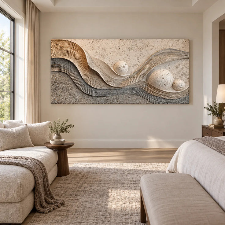 Warm Neutral Textured Wall Art for Living Room, Layered Abstract Waves and Spheres #H7OMN2PB