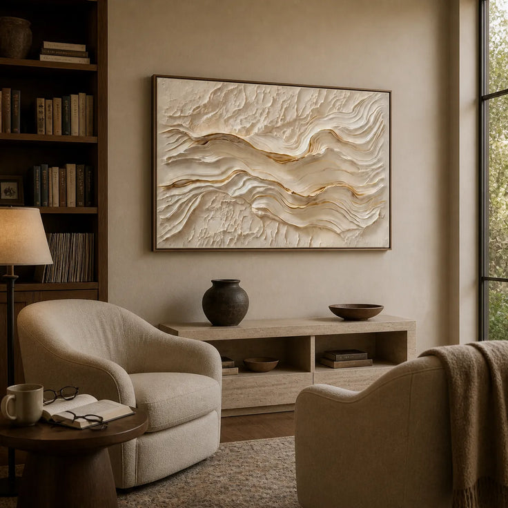 Cream & Gold Textured Wall Art – Flowing Wave Impasto Painting with Warm Veins, Horizontal Canvas for Living Room & Dining Room #STTK0A3I