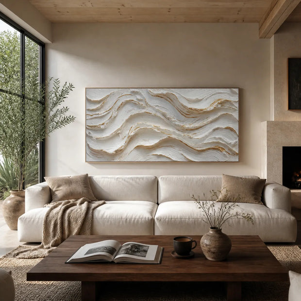 Sculptural Cream Wall Art – Organic Wave Impasto Painting with Amber Veins, Extra-Wide Horizontal Canvas for Living Room & Entryway #VKQLU69U