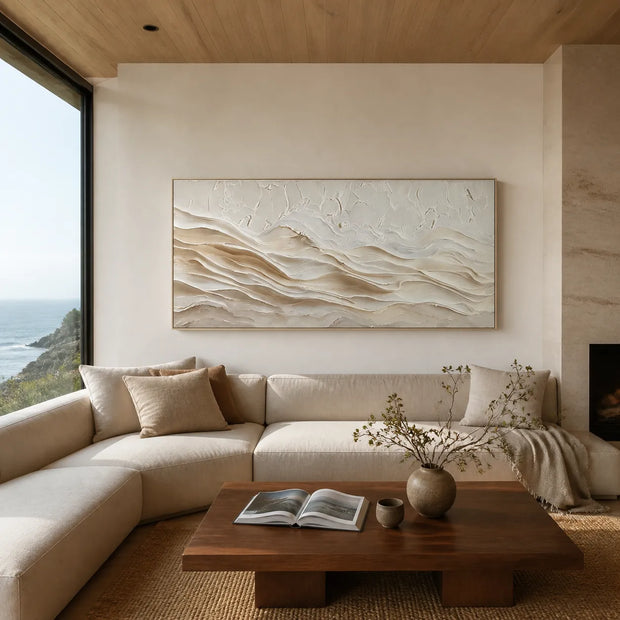 Soft Neutral Textured Wall Art – Flowing Wave Impasto Painting in Cream & Sand, Wide Horizontal Canvas for Living Room & Bedroom #ZNS5AB2A