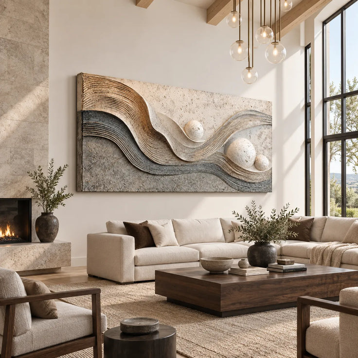 Warm Neutral Textured Wall Art for Living Room, Layered Abstract Waves and Spheres #H7OMN2PB