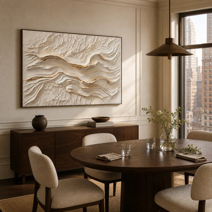 Cream & Gold Textured Wall Art – Flowing Wave Impasto Painting with Warm Veins, Horizontal Canvas for Living Room & Dining Room #STTK0A3I
