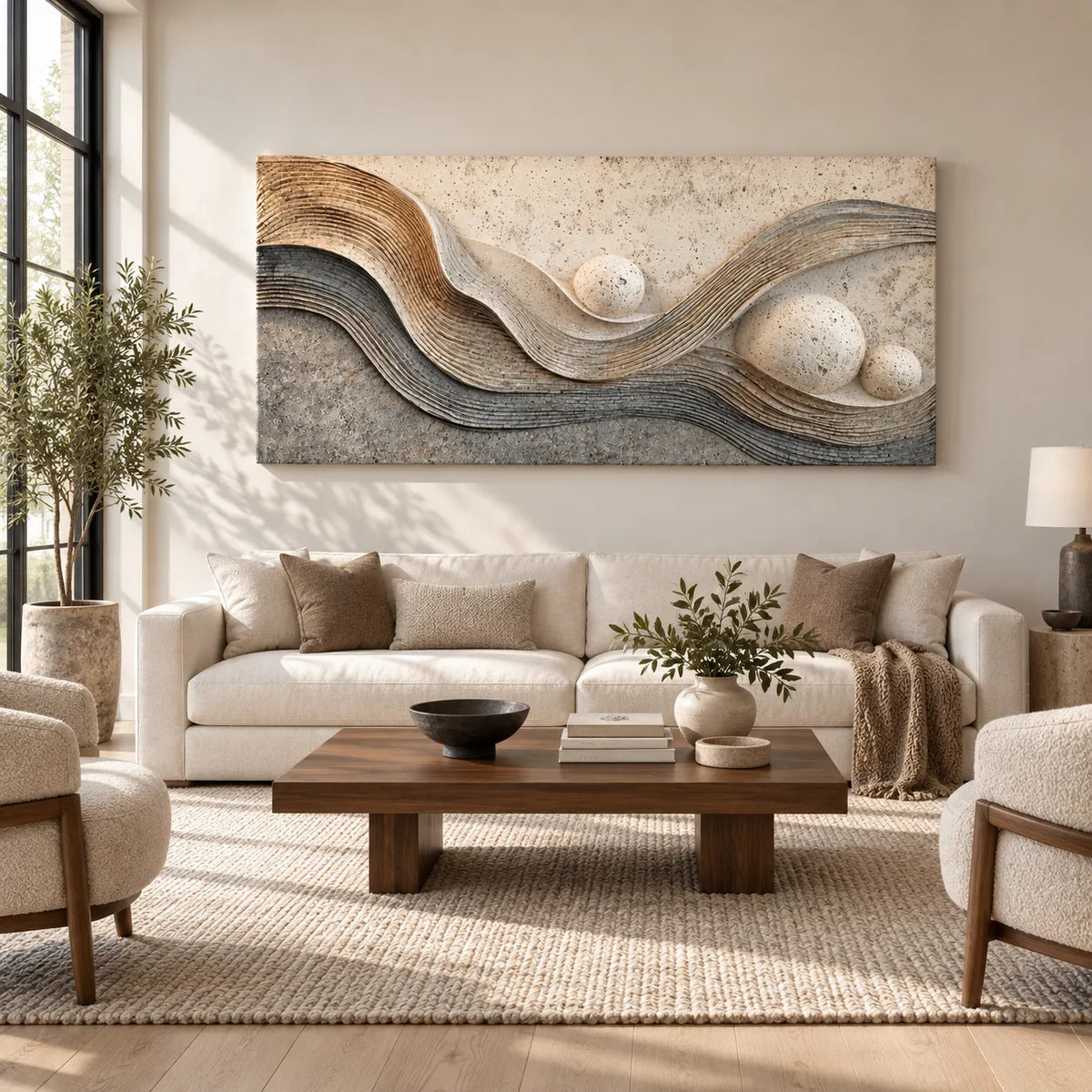 Warm Neutral Textured Wall Art for Living Room, Layered Abstract Waves and Spheres #H7OMN2PB
