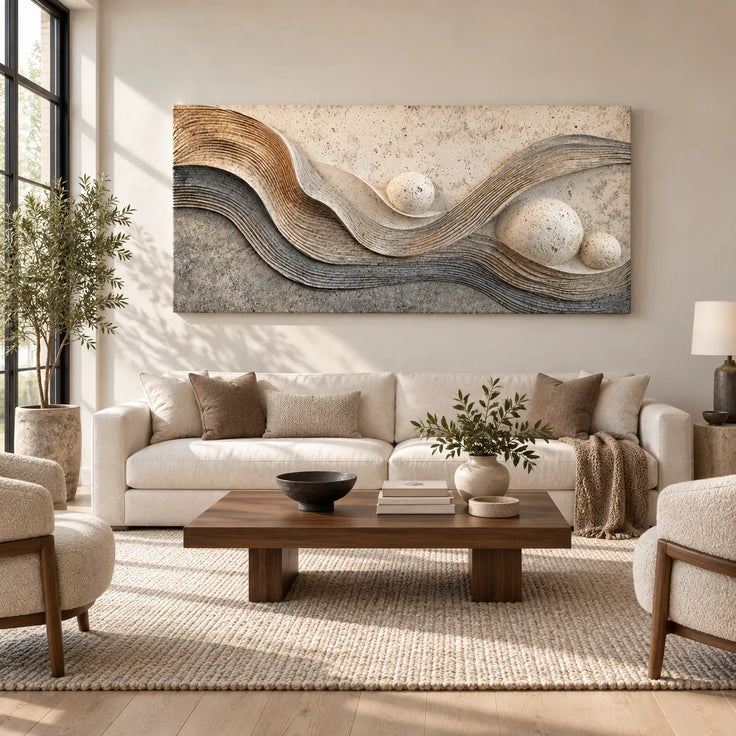 Warm Neutral Textured Wall Art for Living Room, Layered Abstract Waves and Spheres #H7OMN2PB