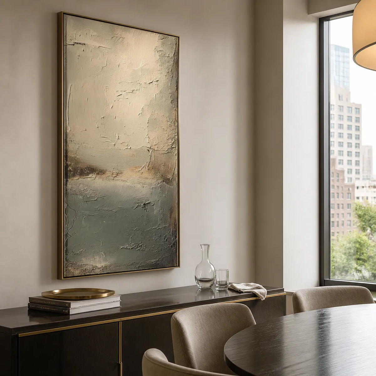 Muted Gray-Blue Textured Wall Art, Wabi Sabi Abstract Landscape Painting for Living Room #UIDCT1RR