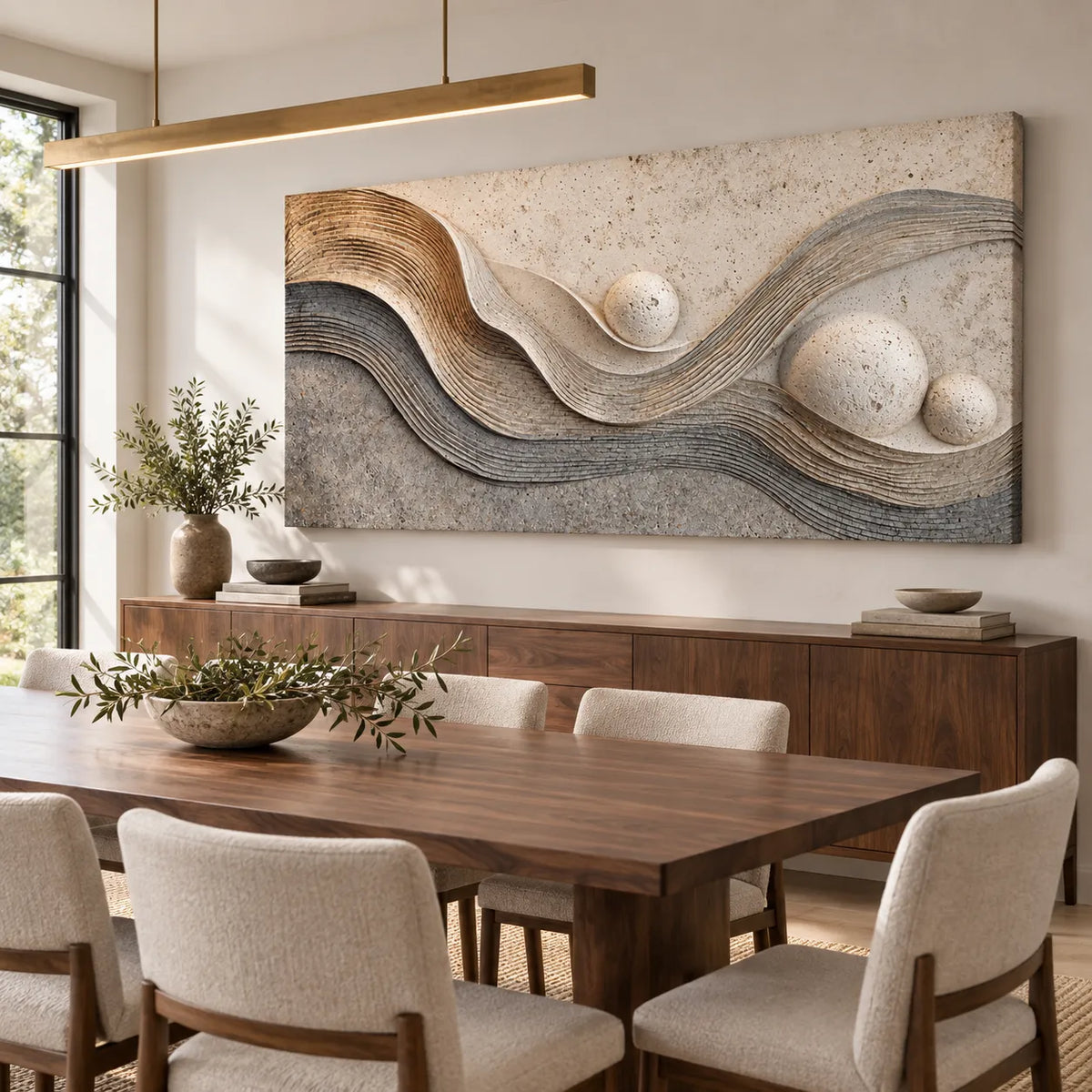 Warm Neutral Textured Wall Art for Living Room, Layered Abstract Waves and Spheres #H7OMN2PB
