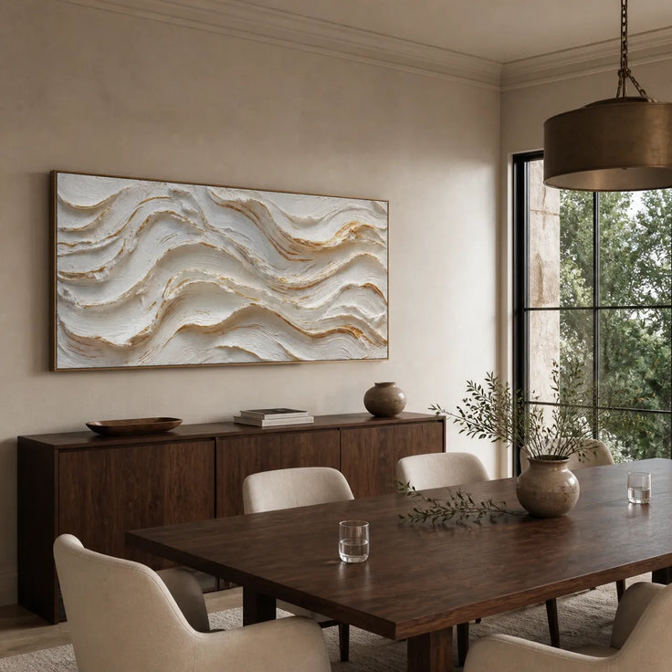 Sculptural Cream Wall Art – Organic Wave Impasto Painting with Amber Veins, Extra-Wide Horizontal Canvas for Living Room & Entryway #VKQLU69U