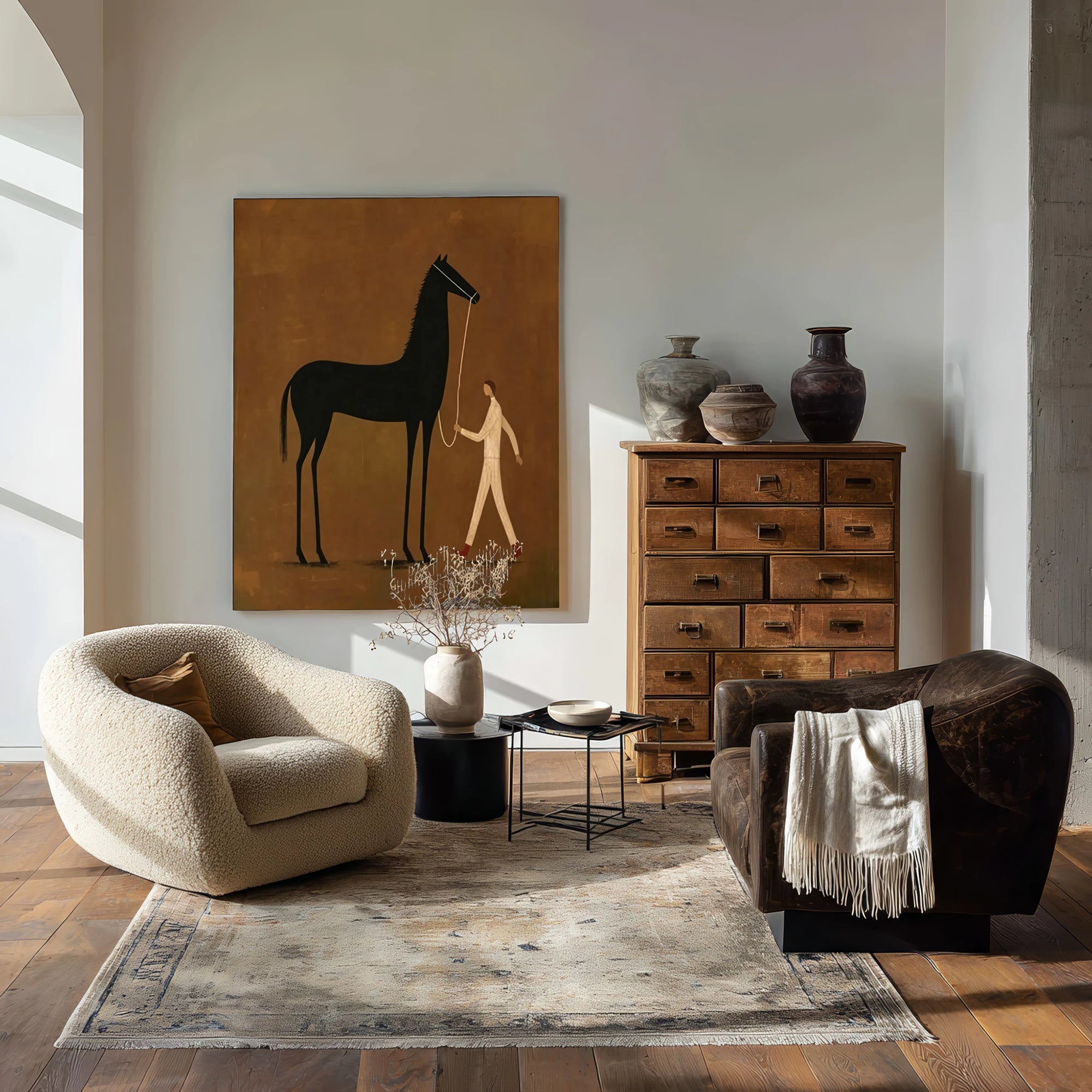 Abstract Figure & Black Horse Oil Painting #AB186