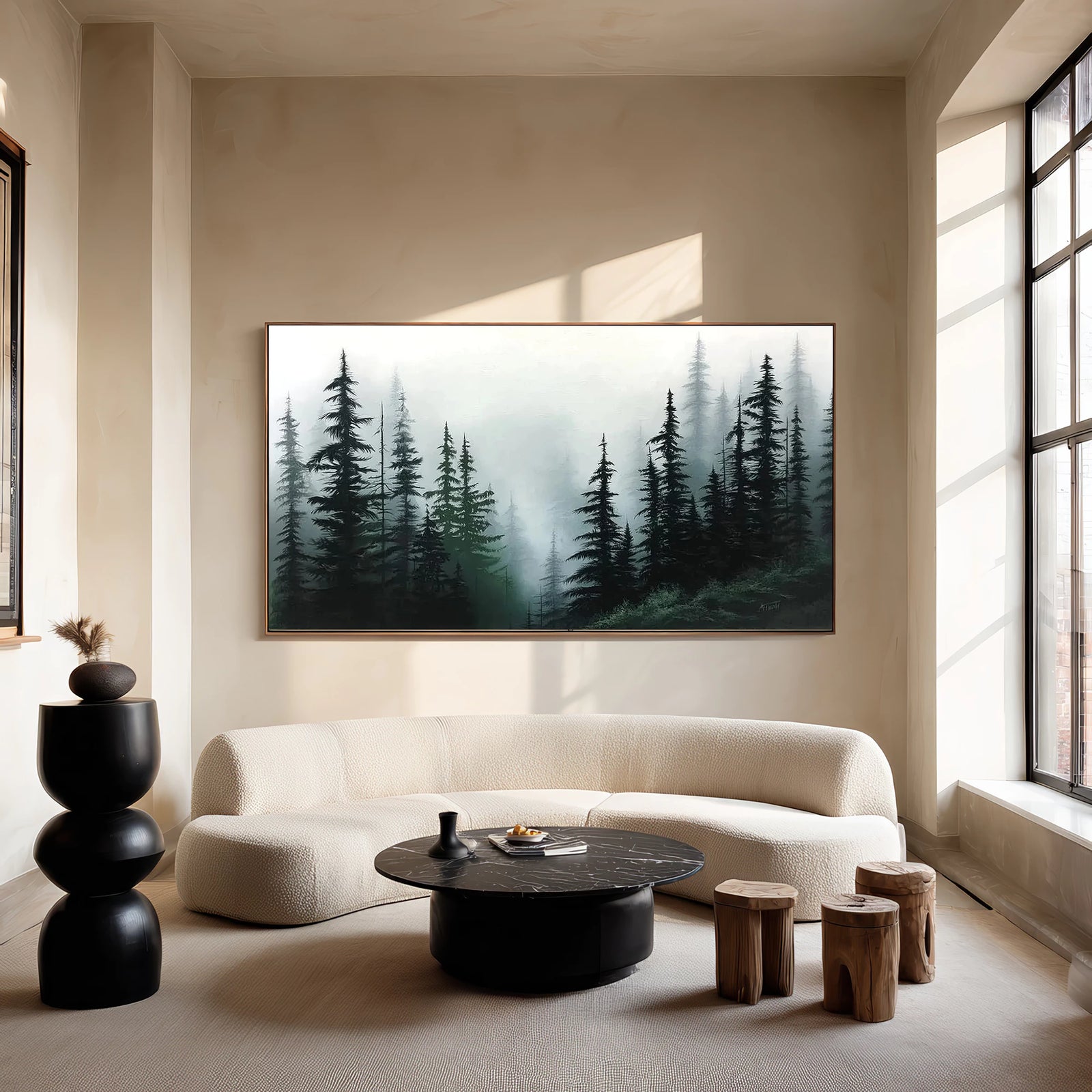 Dark Green Foggy Forest Wall Art #FT67