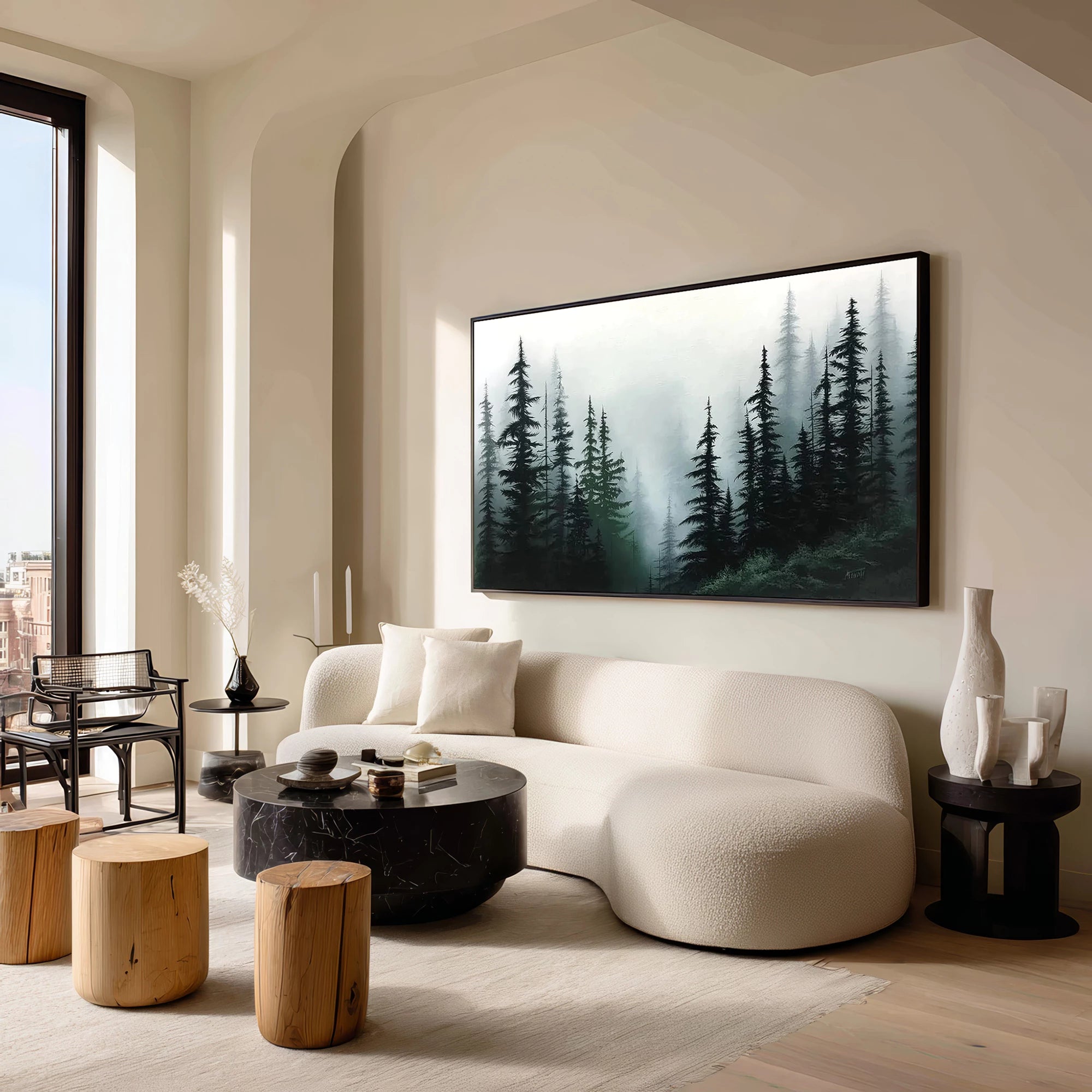 Dark Green Foggy Forest Wall Art #FT67
