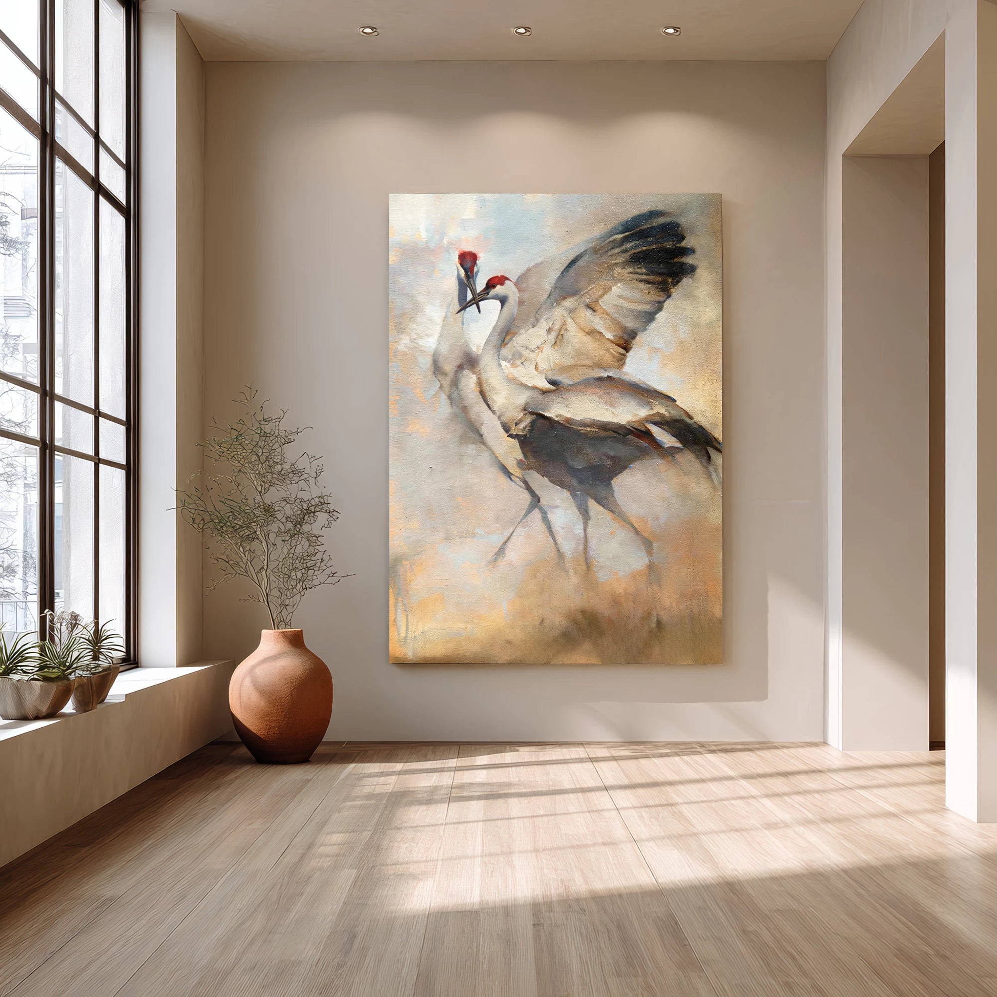 Two Cranes Oil Painting in Warm Earthy Tones #AM131