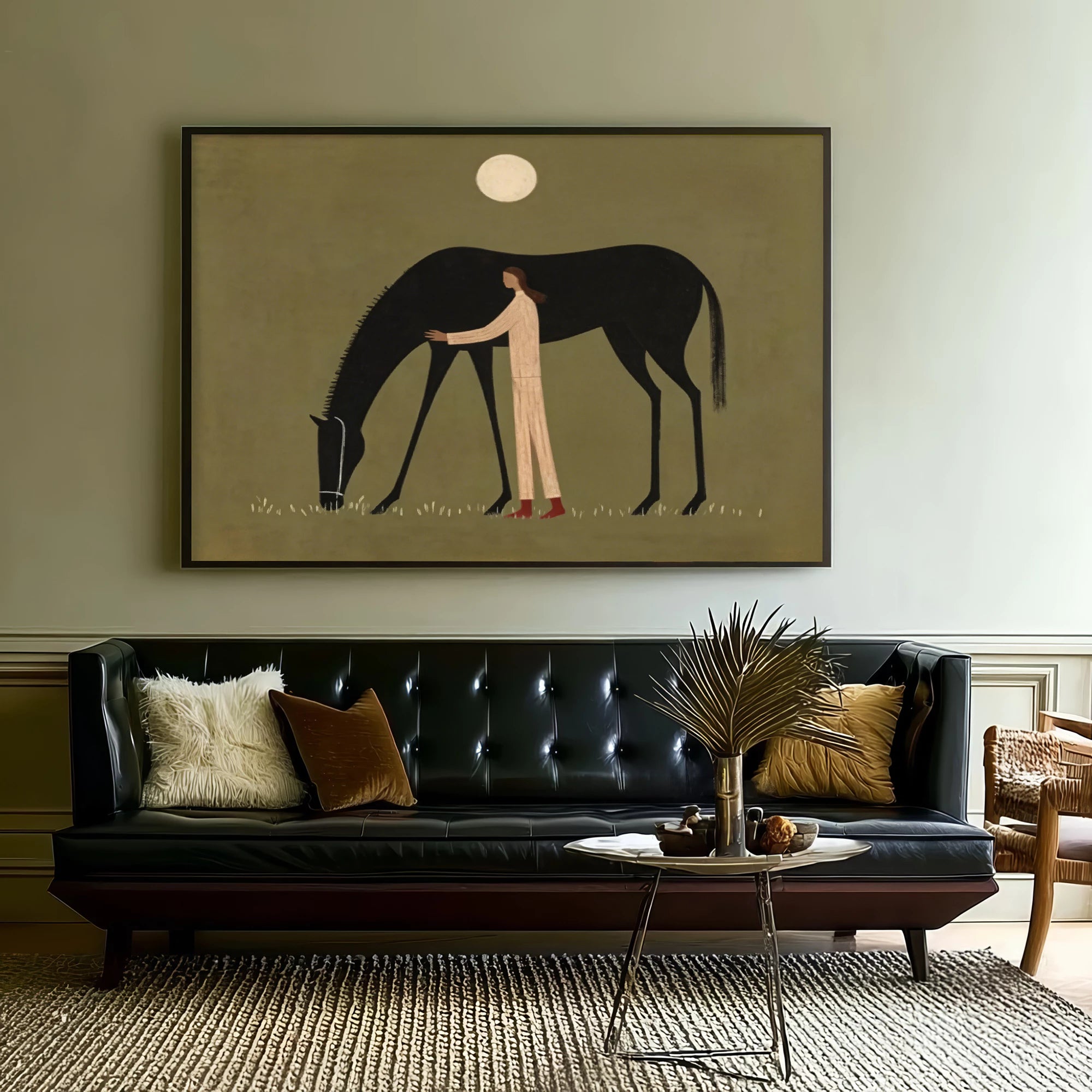 Hand-Painted Figure & Black Horse Oil Painting #AB185