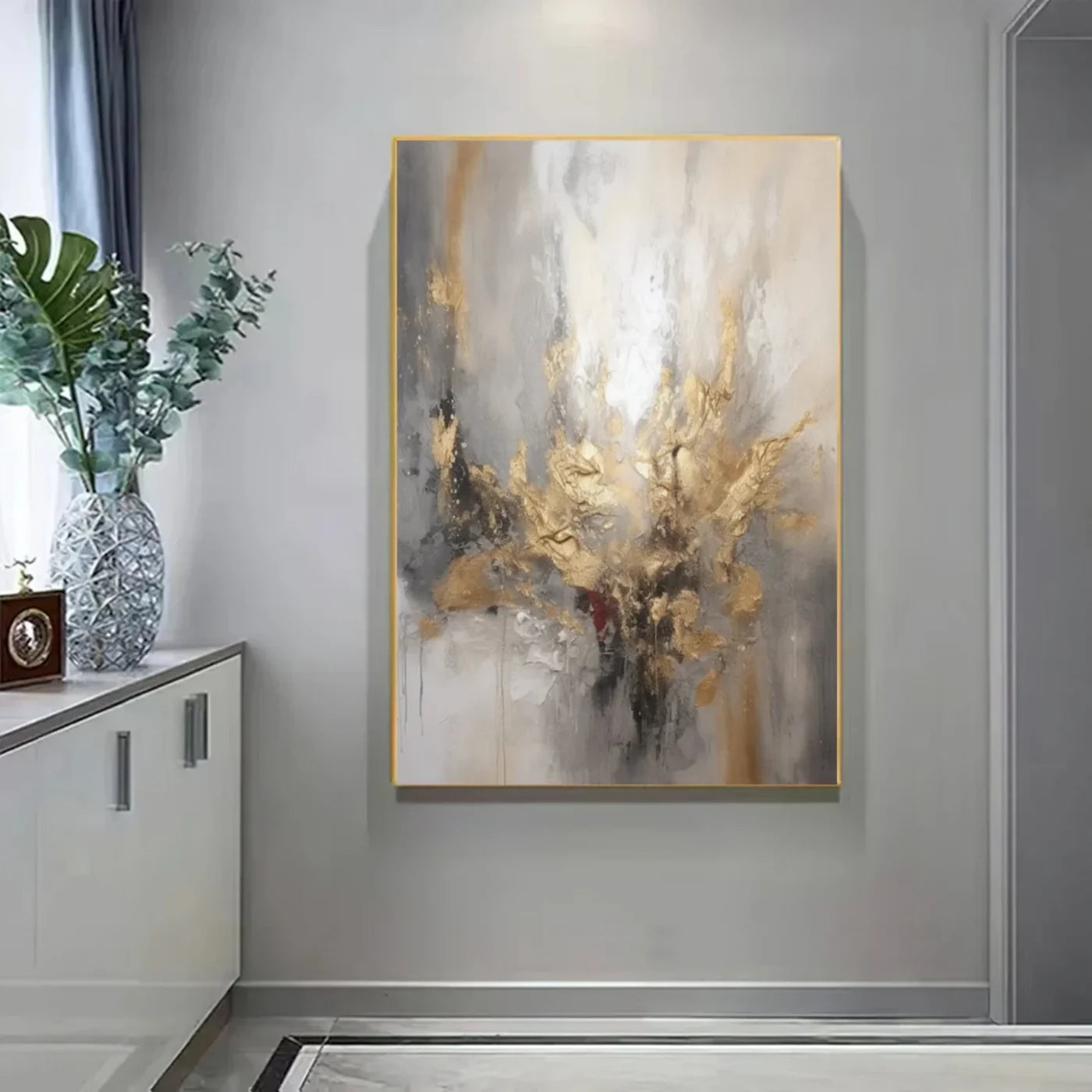 Gold & Grey Abstract Hand-Painted Oil Painting #WA153