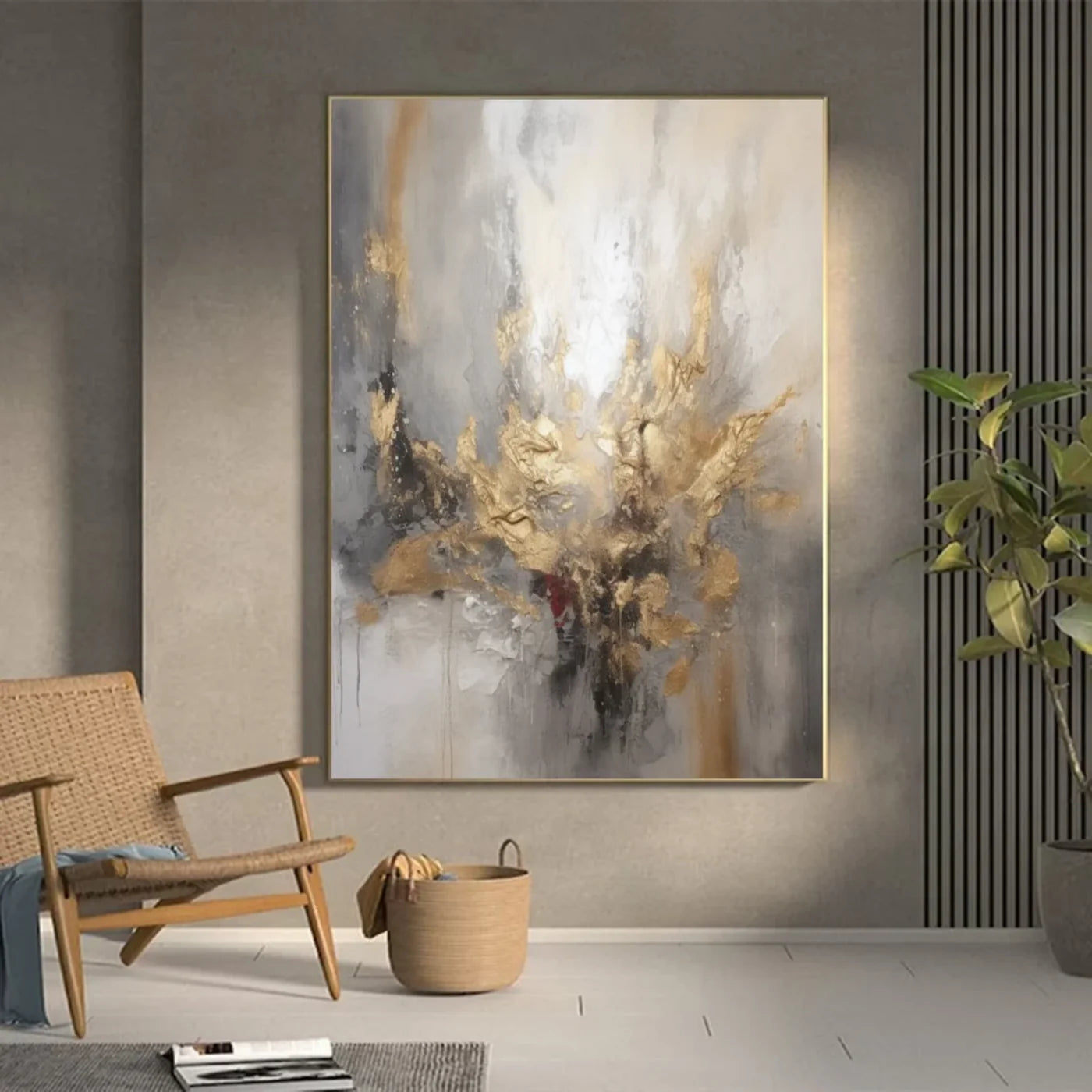 Gold & Grey Abstract Hand-Painted Oil Painting #WA153