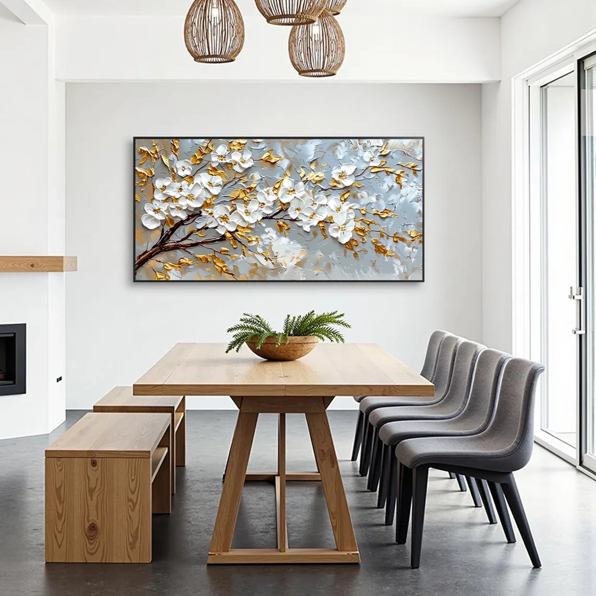 Gold Accent White Blossom Oil Painting #FT926