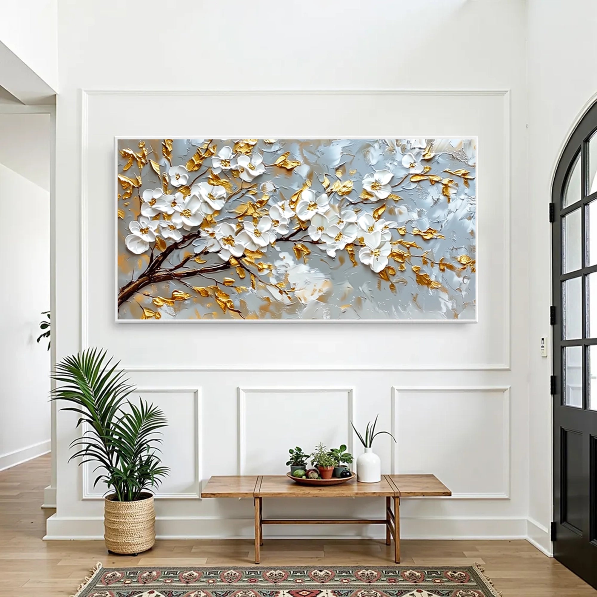 Gold Accent White Blossom Oil Painting #FT926