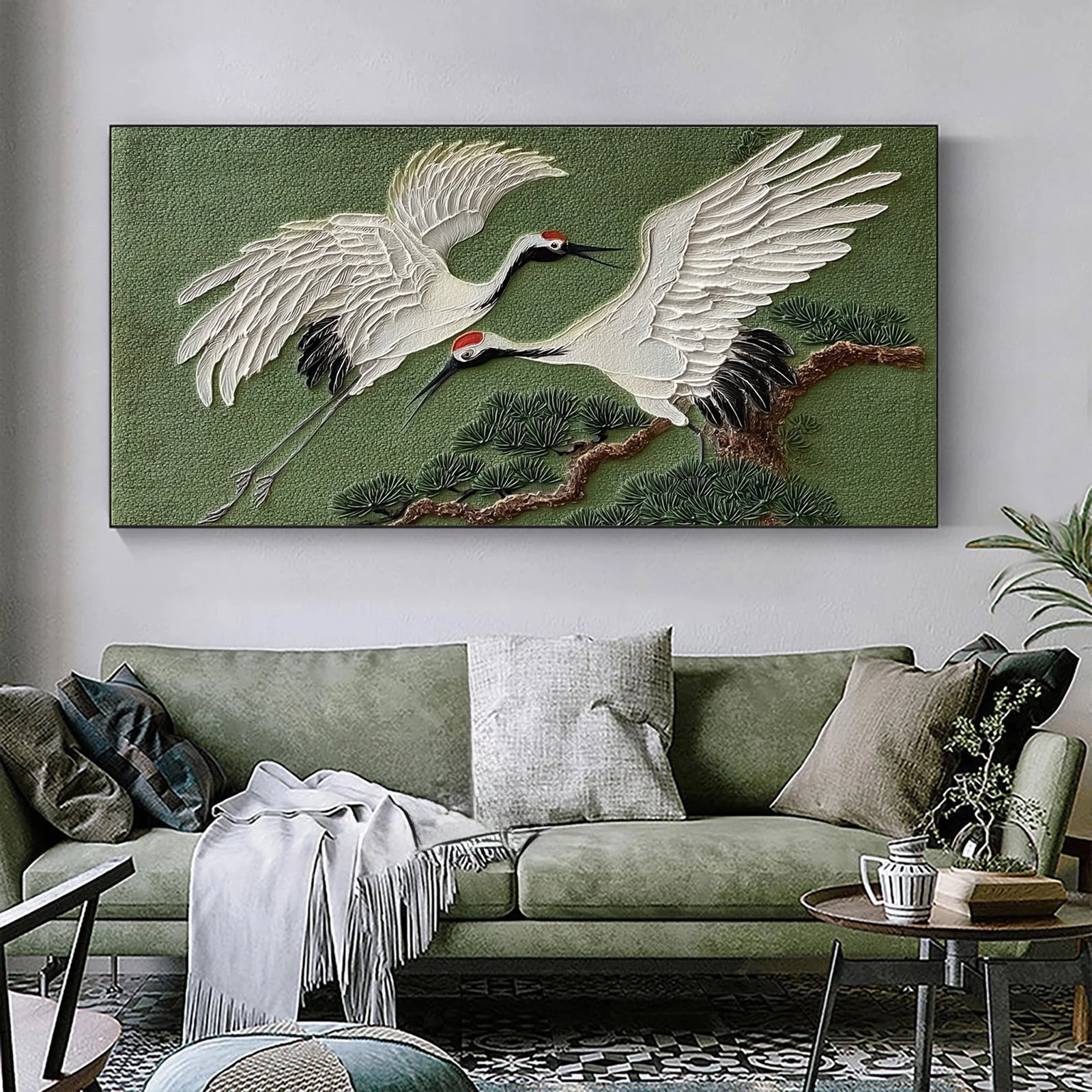 Two Cranes Pine Branches Impasto Oil Painting #AM127