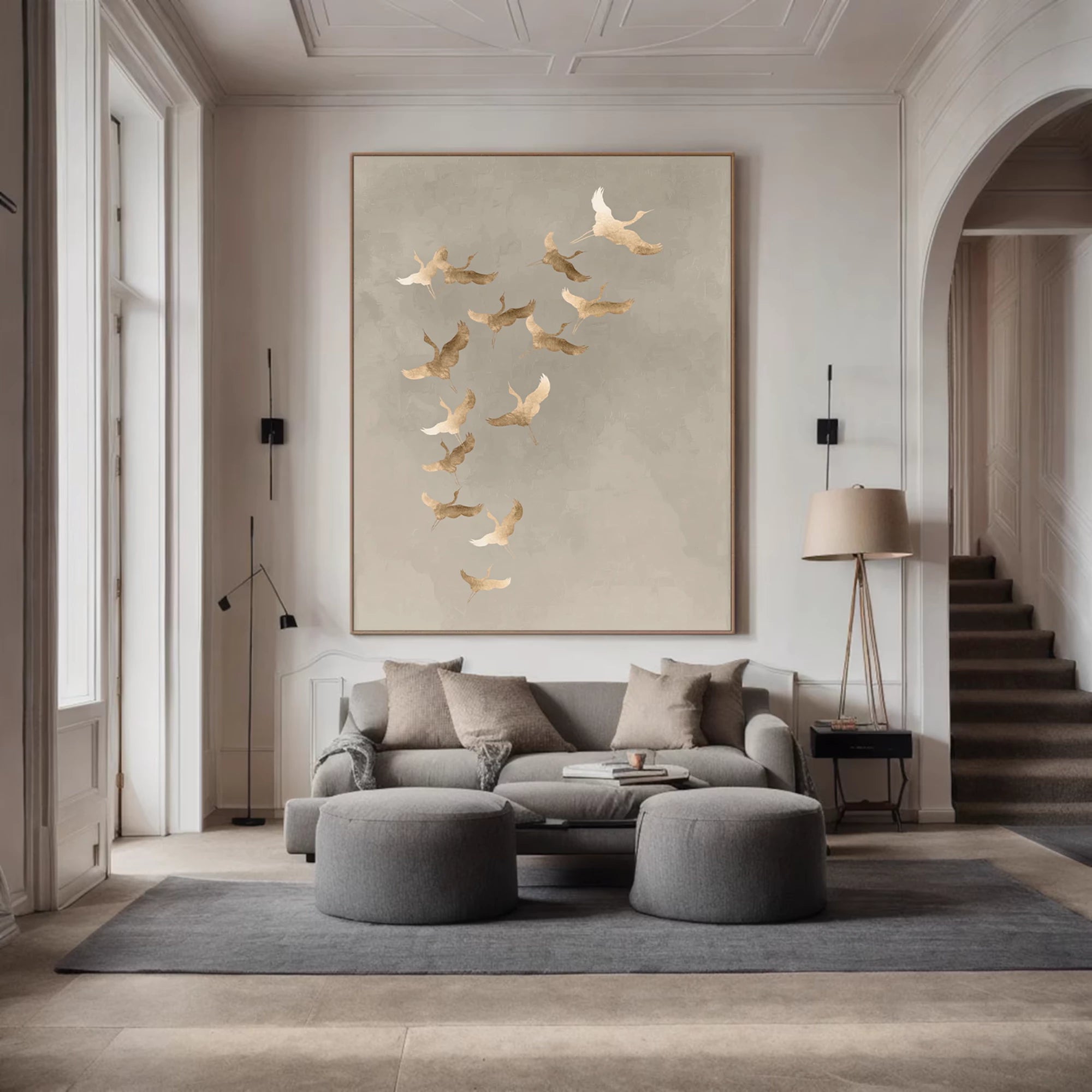 Light Luxury Muted Gray Flying Cranes Abstract Oil Painting #AM133