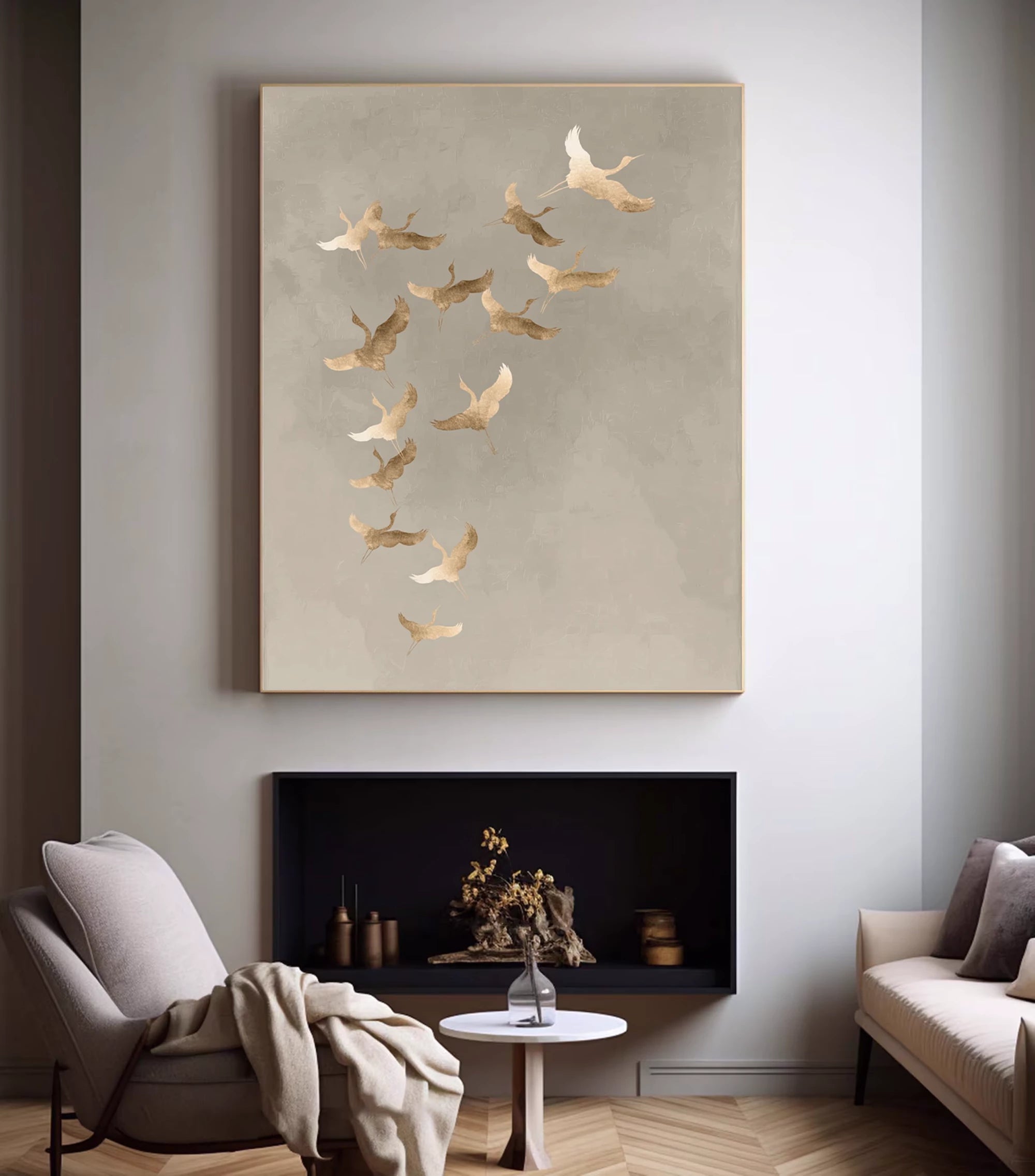 Light Luxury Muted Gray Flying Cranes Abstract Oil Painting #AM133