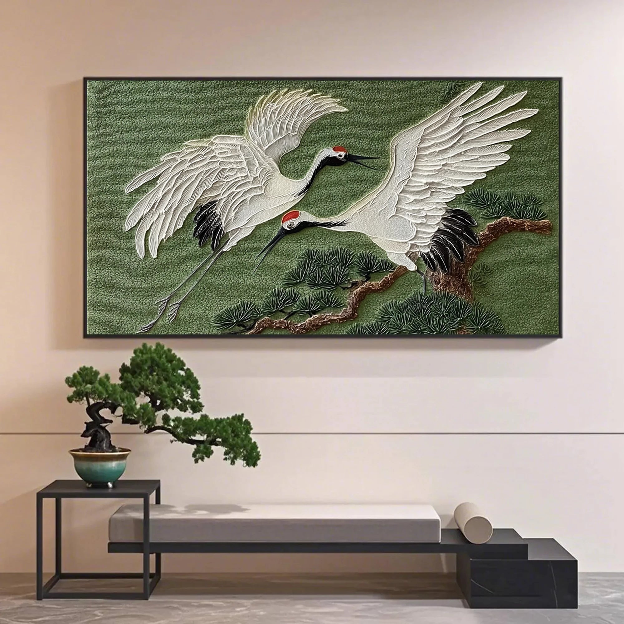 Two Cranes Pine Branches Impasto Oil Painting #AM127