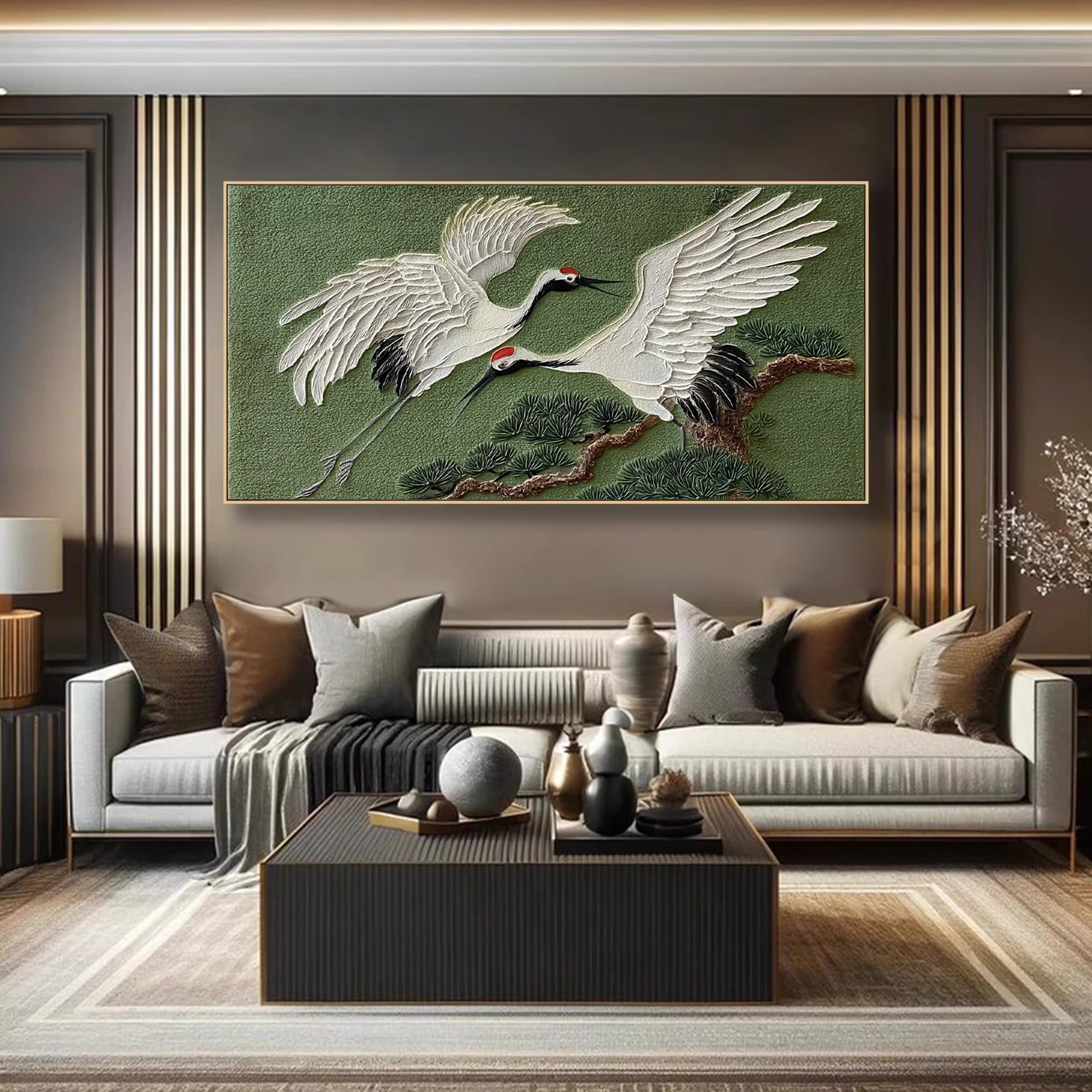 Two Cranes Pine Branches Impasto Oil Painting #AM127