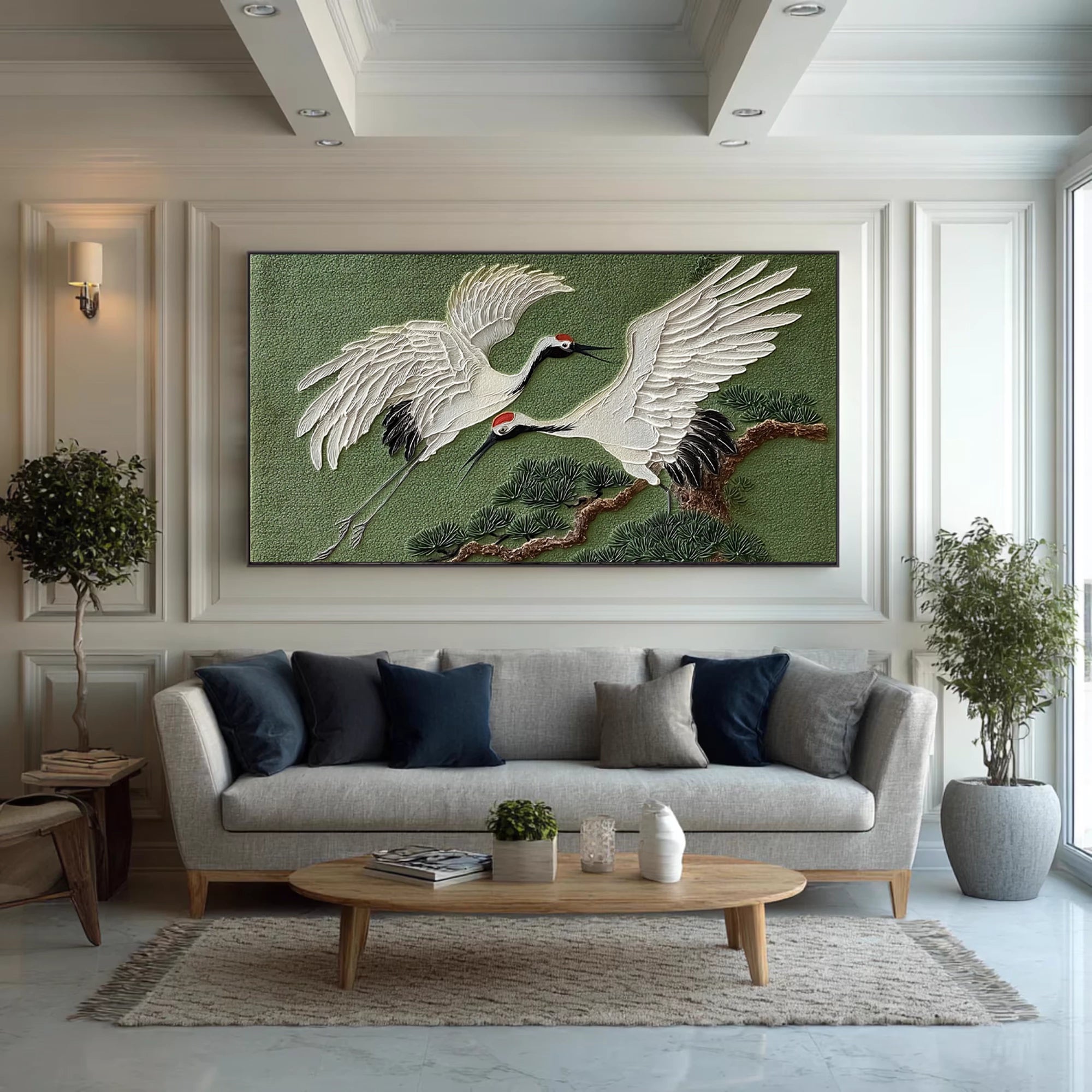 Two Cranes Pine Branches Impasto Oil Painting #AM127