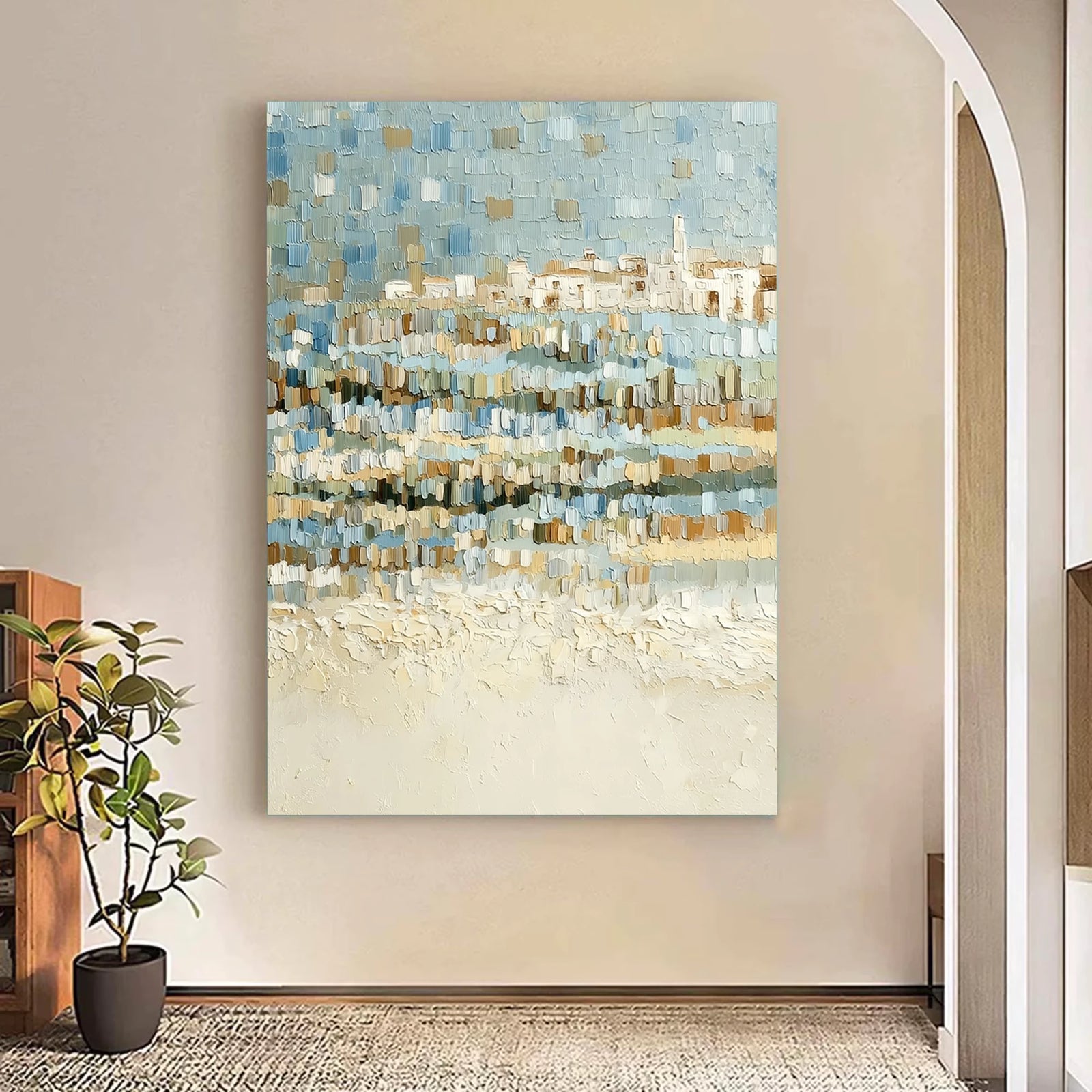 Blue & Beige Impasto Seascape Wall Ar #SK40