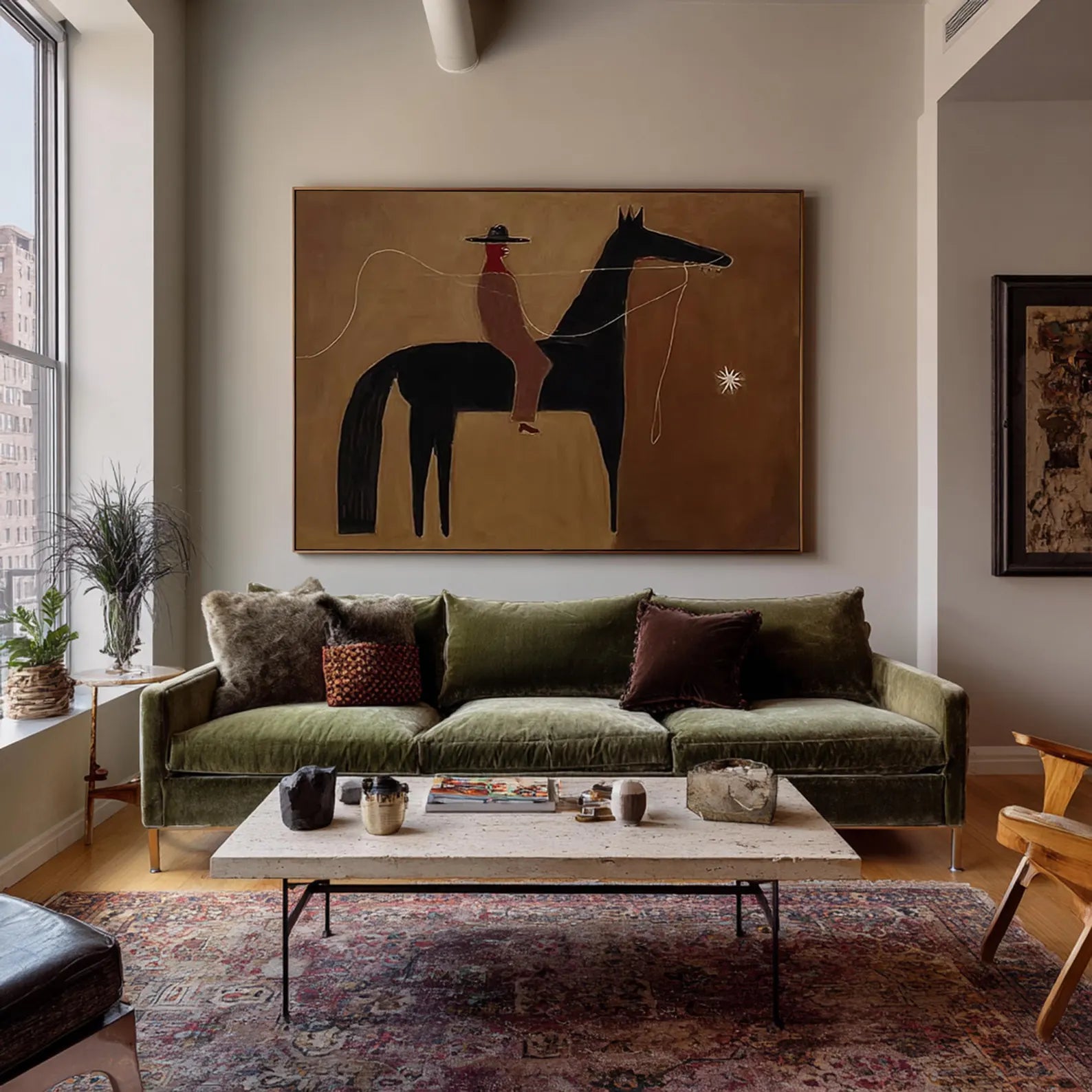 Abstract Western Rider & Black Horse Oil Painting #AB340