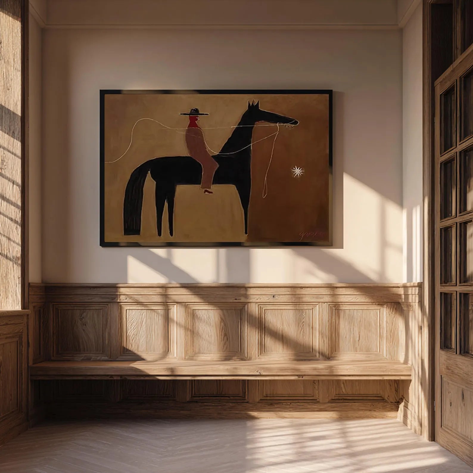 Abstract Western Rider & Black Horse Oil Painting #AB340