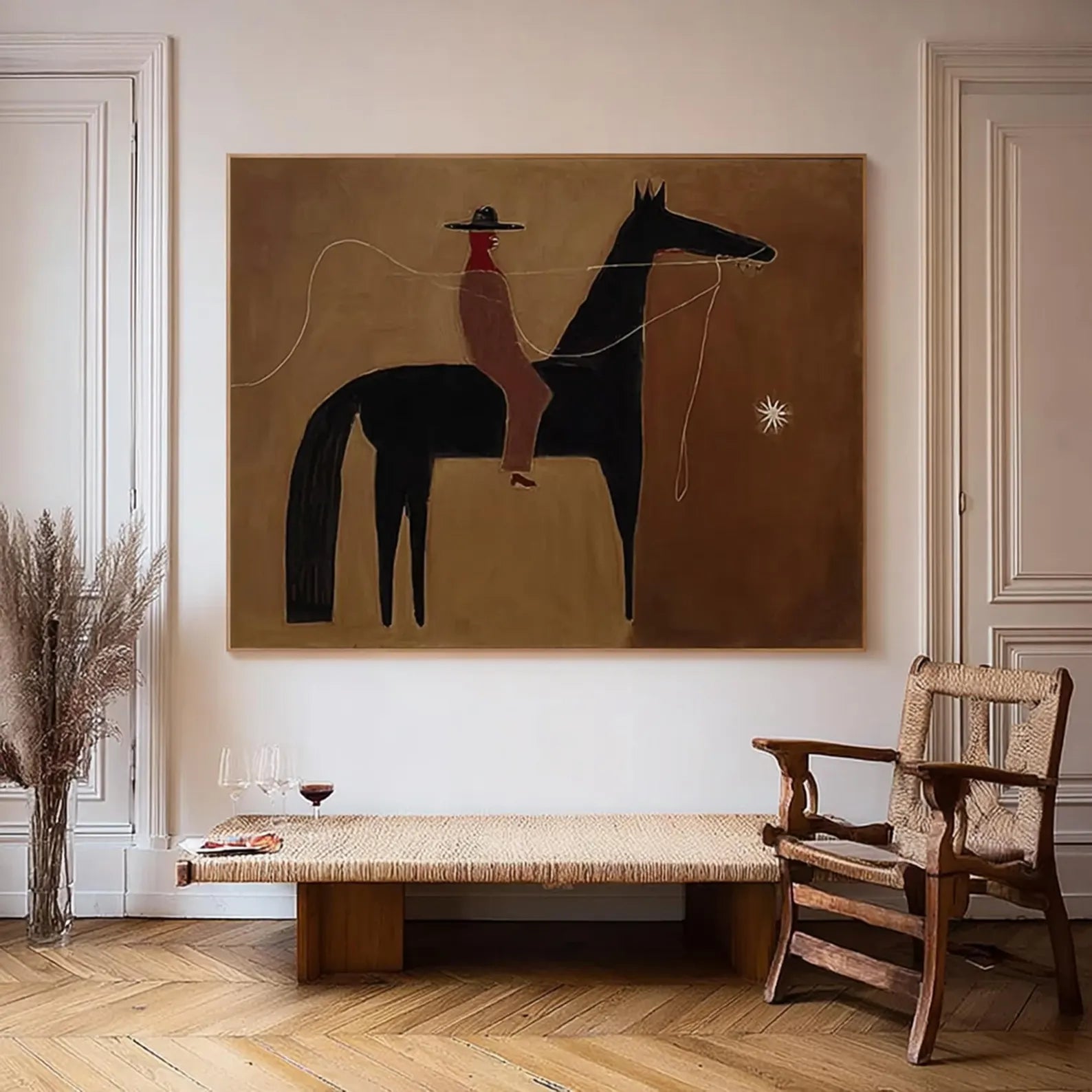 Abstract Western Rider & Black Horse Oil Painting #AB340