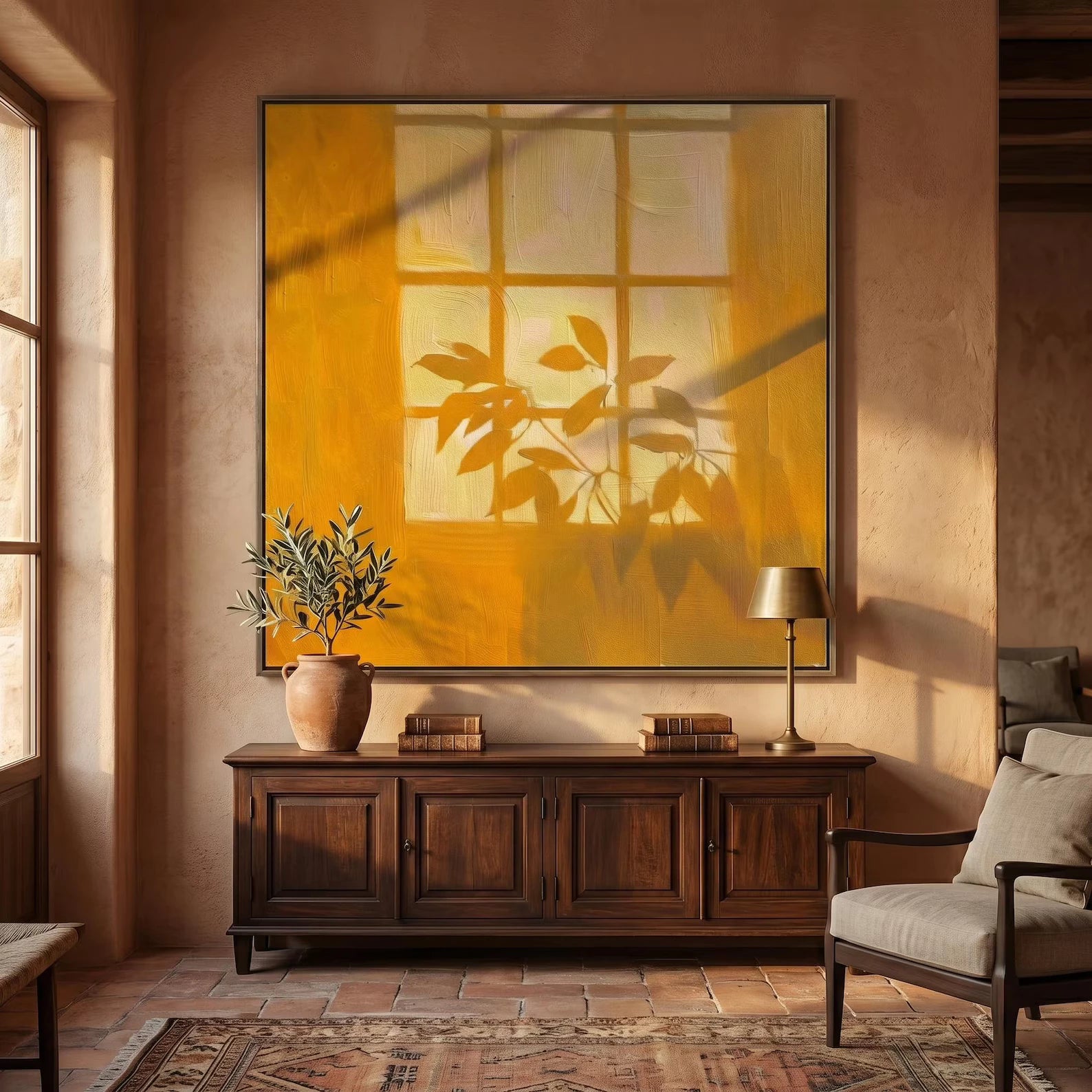 Warm Yellow Window Shadow Textured Oil Painting #FJ203
