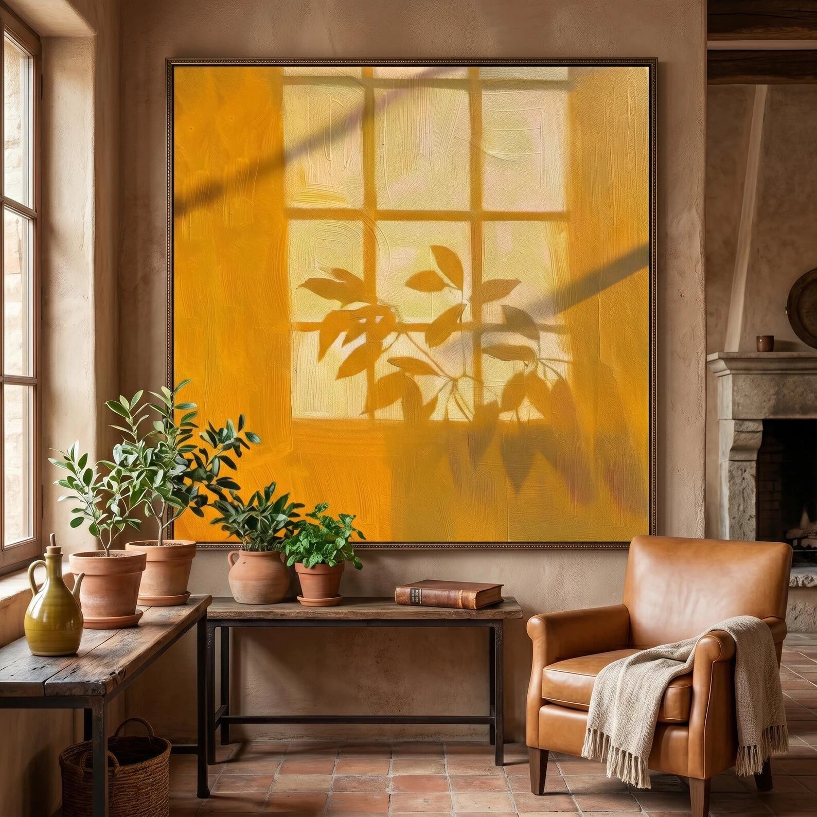 Warm Yellow Window Shadow Textured Oil Painting #FJ203