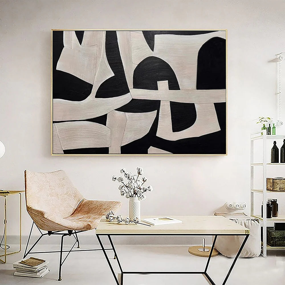 Modern Black and White Abstract Geometric Oil Painting #WA106