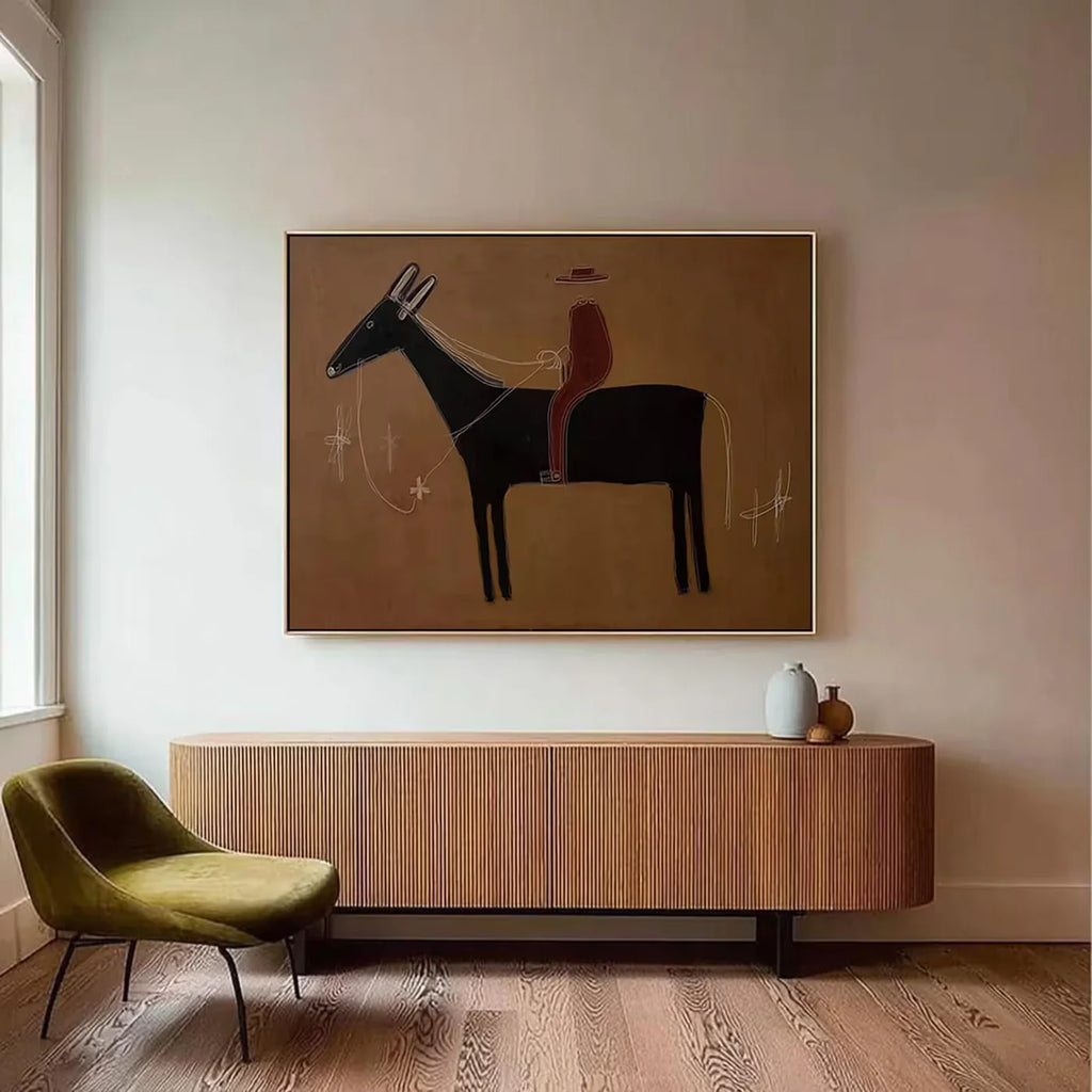 Minimalist Cowboy Horse Art Print, Wabi Sabi Wall Decor #AM129