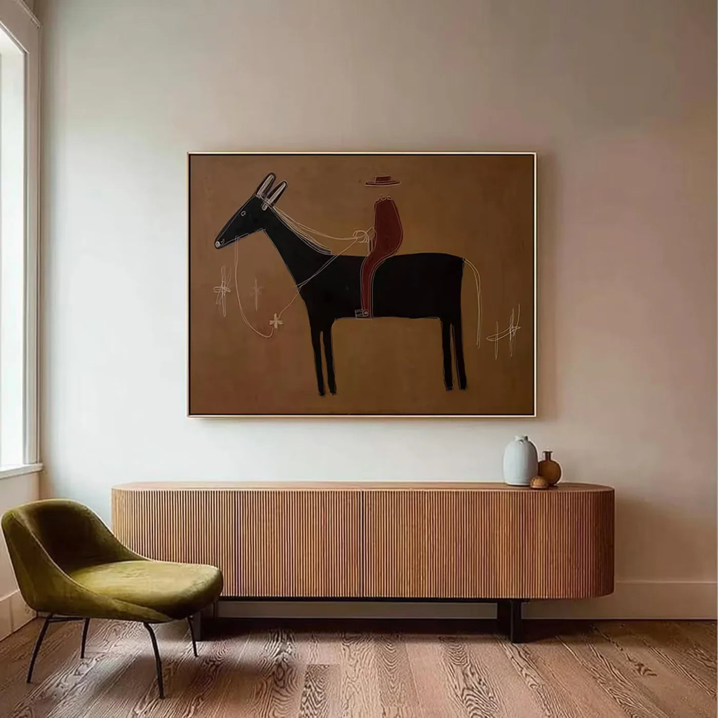 Minimalist Cowboy Horse Art Print, Wabi Sabi Wall Decor #AM129