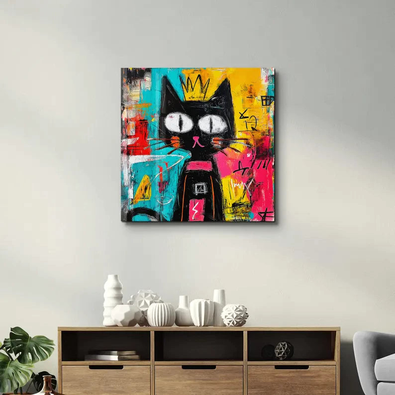 Modern Pop Art Cat with Crown Impasto Artwork #AS281