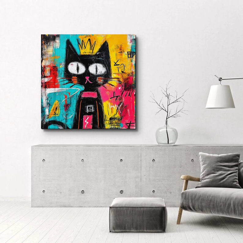 Modern Pop Art Cat with Crown Impasto Artwork #AS281