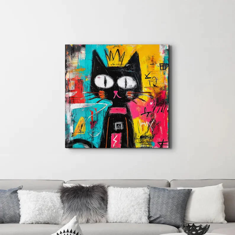 Modern Pop Art Cat with Crown Impasto Artwork #AS281